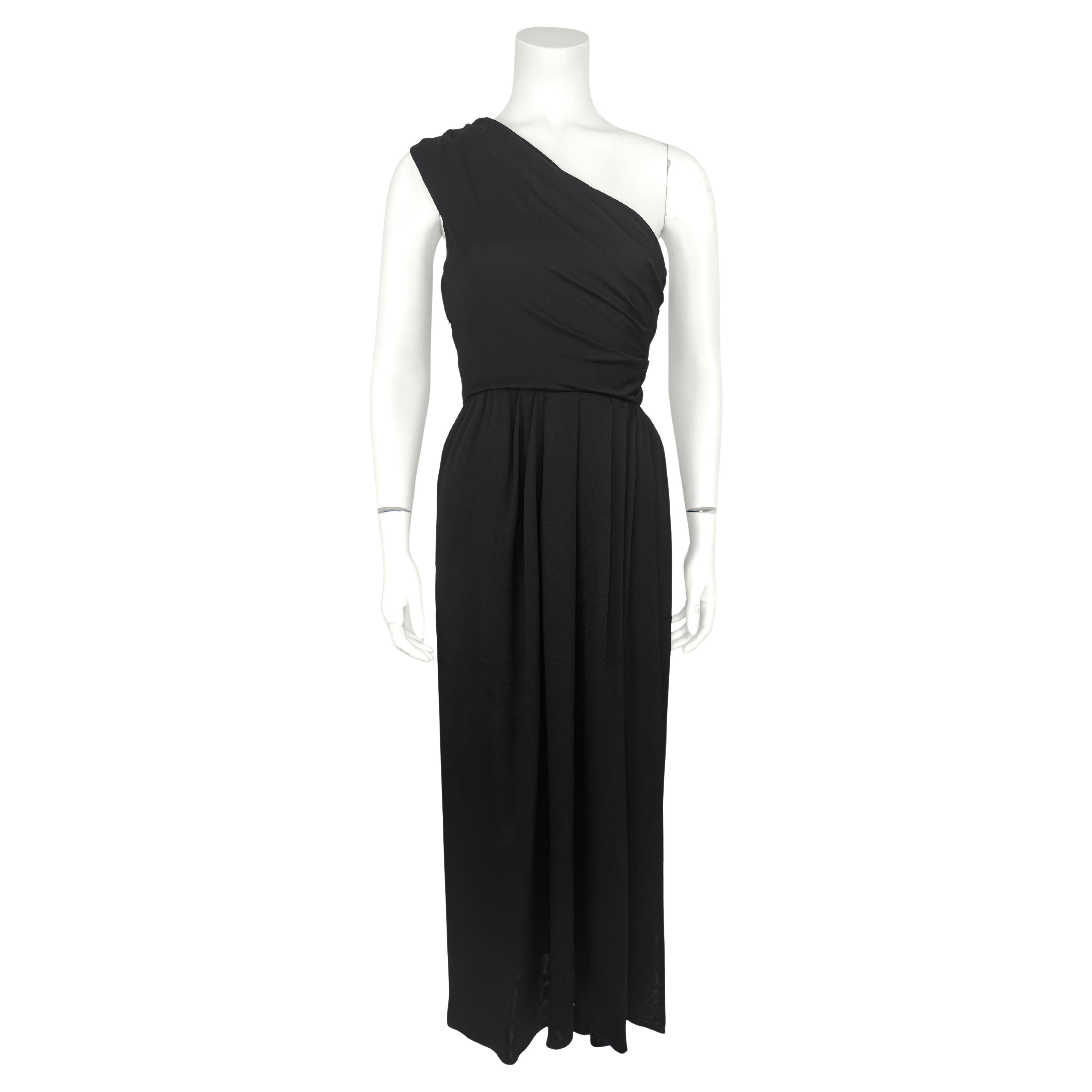 Early 1990s YSL Yves Saint Laurent Black Jersey Gathered One Shoulder Gown For Sale