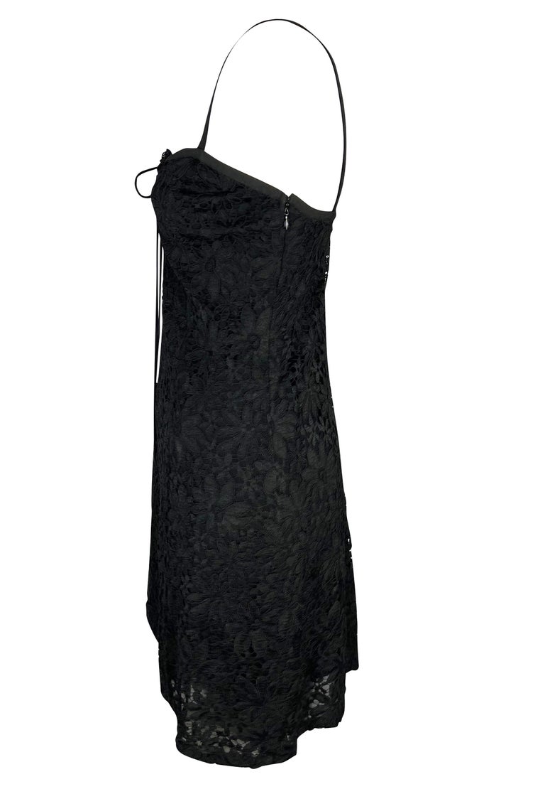 Early 1990s Yves Saint Laurent Rive Gauche Lace-Up Black Sheer Lace Mini Dress In Good Condition For Sale In Philadelphia, PA
