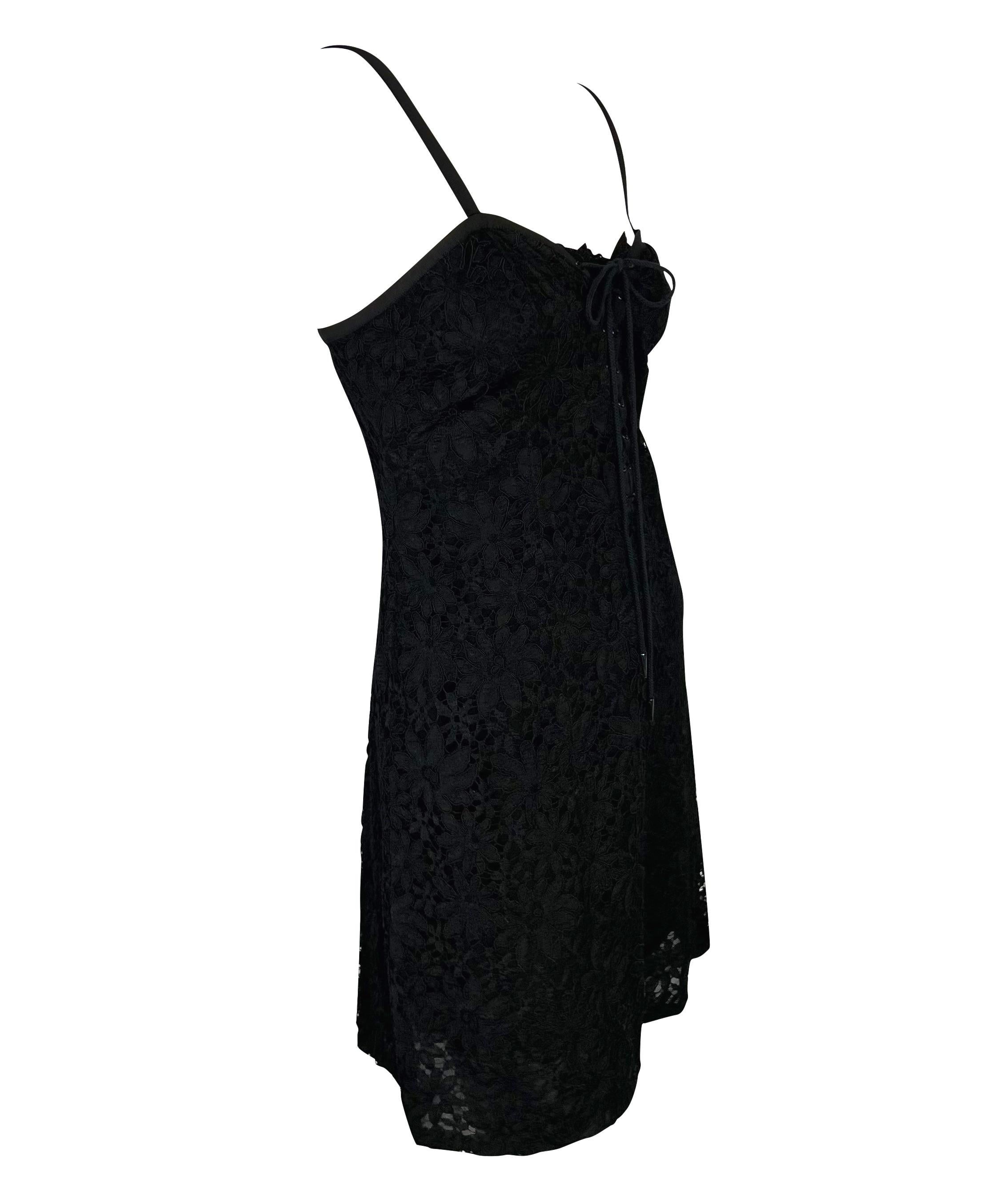 Early 1990s Yves Saint Laurent Rive Gauche Lace-Up Black Sheer Lace Mini Dress For Sale 2