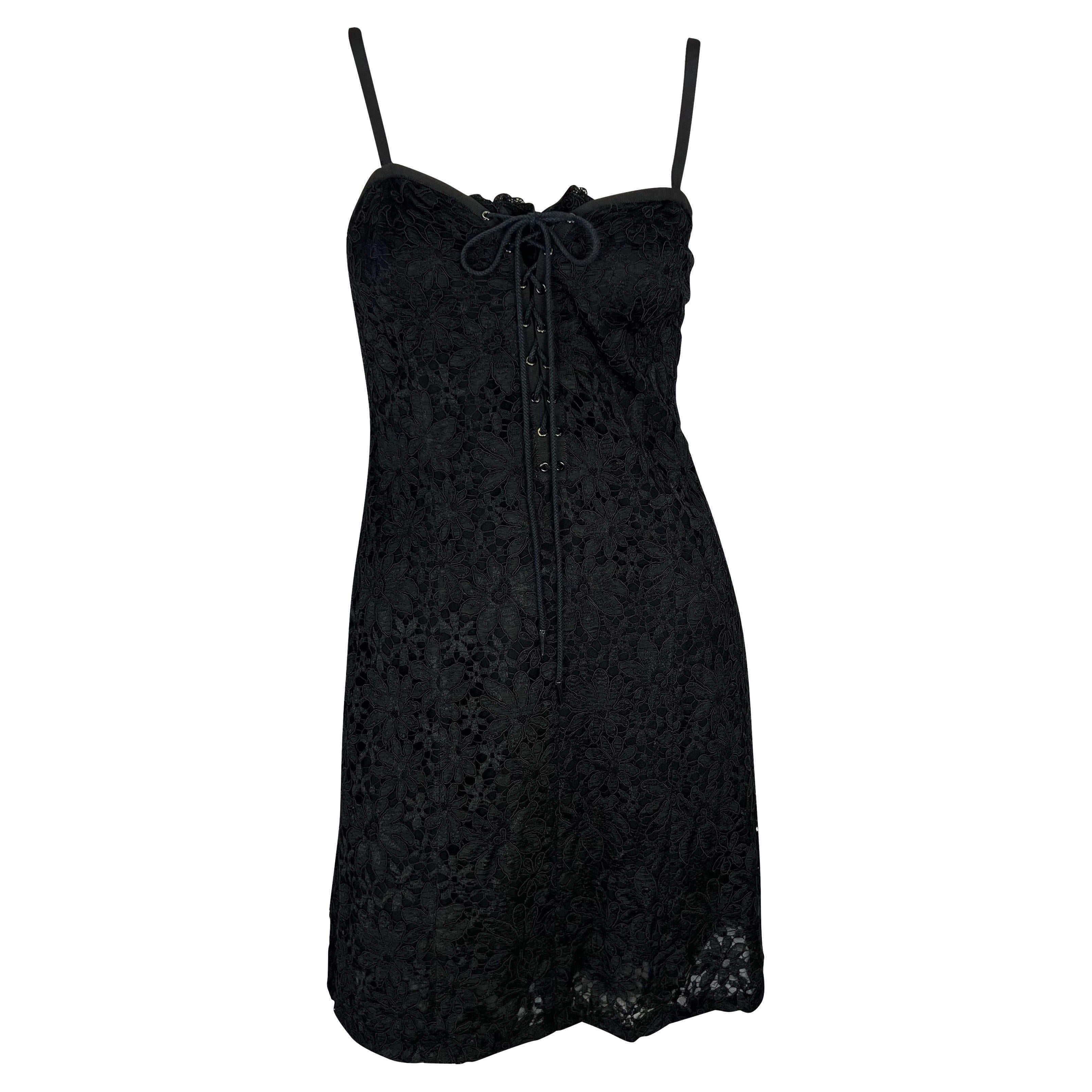 Early 1990s Yves Saint Laurent Rive Gauche Lace-Up Black Sheer Lace Mini Dress