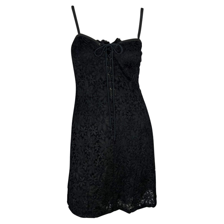 Early 1990s Yves Saint Laurent Rive Gauche Lace-Up Black Sheer Lace Mini Dress For Sale