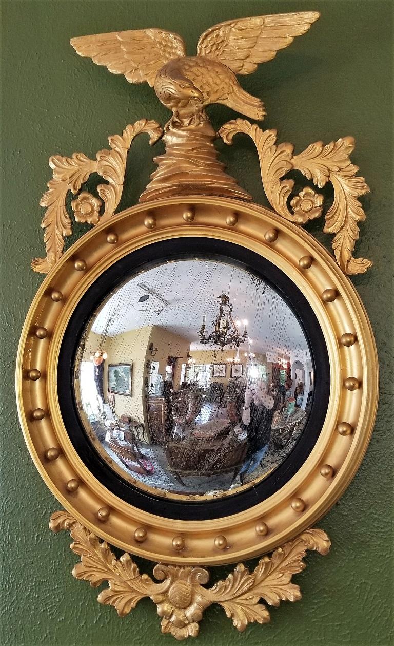 American Early 19th Century Federal Eagle Wood and Gesso Gilded Convex Mirror