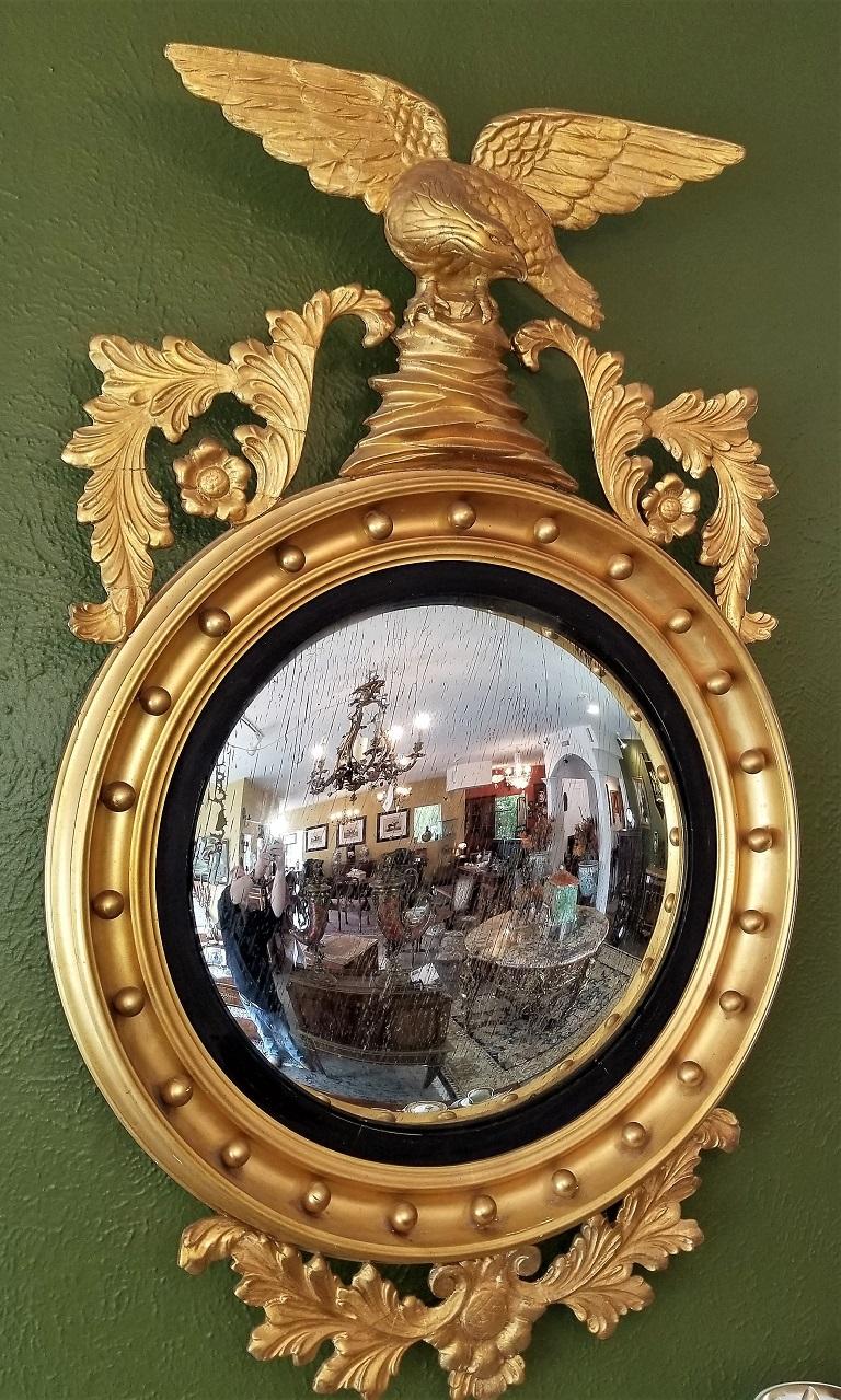 Hand-Carved Early 19th Century Federal Eagle Wood and Gesso Gilded Convex Mirror