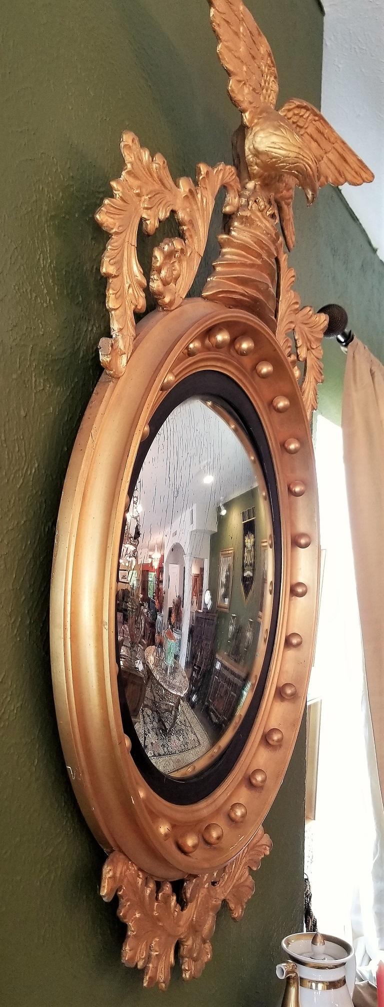 Early 19th Century Federal Eagle Wood and Gesso Gilded Convex Mirror 3