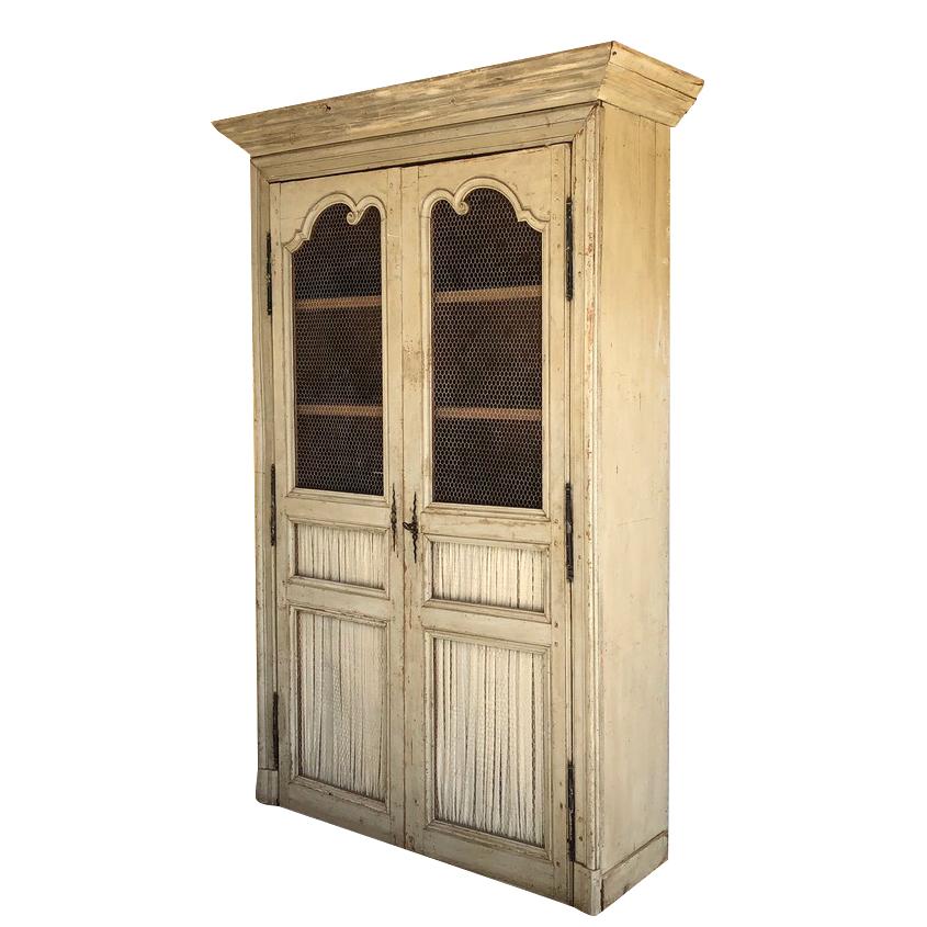 Painted 18th Century Louis XV French Armoire, Antique White-Brown Pinewood Wardrobe For Sale