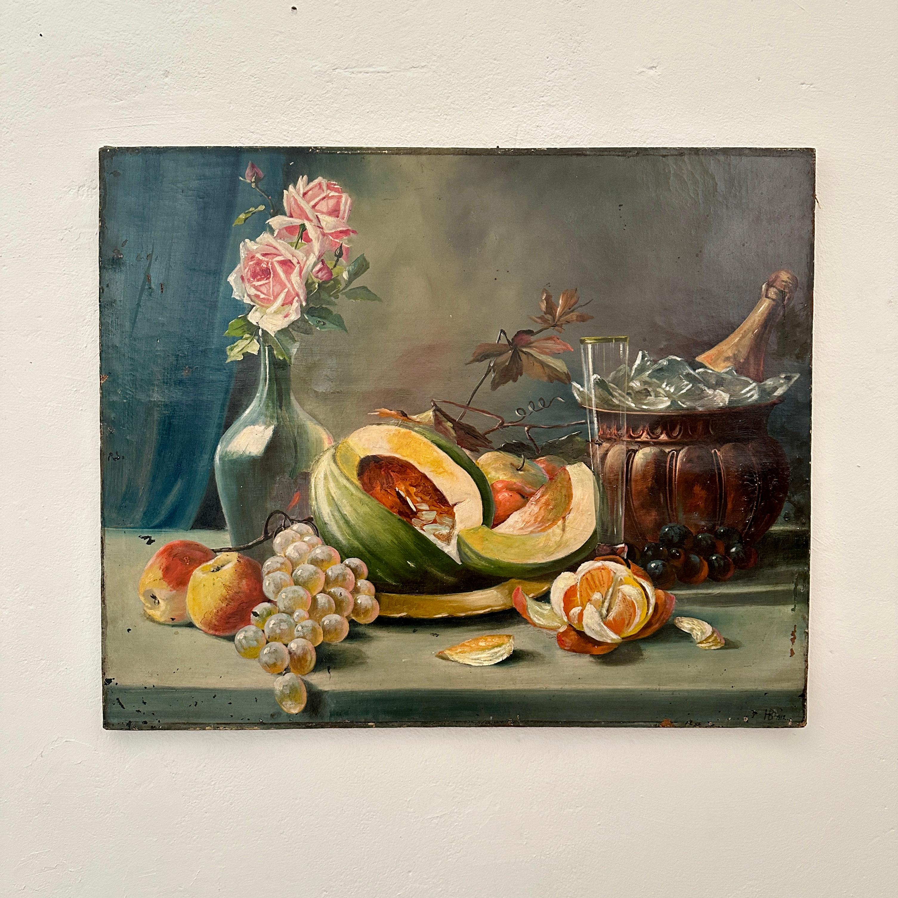 Early 19th Biedermeier Still-Life Oil Painting with Flowers and Fruits, 1820 For Sale 6