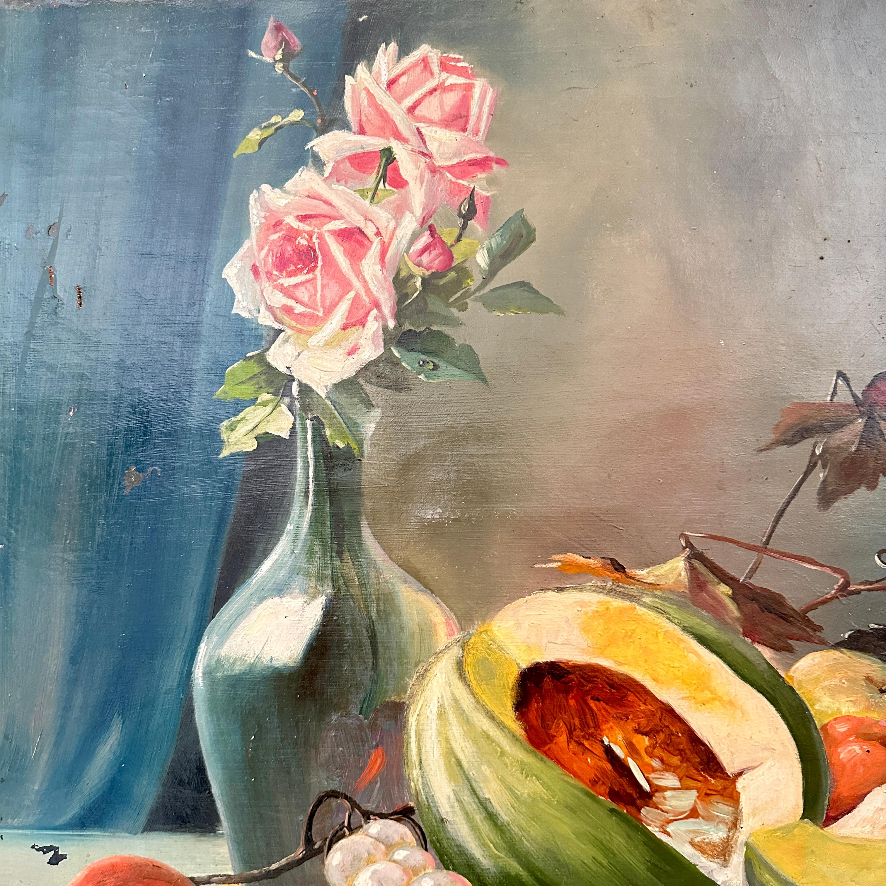 Biedermeier-Stillleben des frühen 19. Jahrhunderts, Ölgemälde mit Blumen und Früchten, 1820 (Frühes 19. Jahrhundert) im Angebot