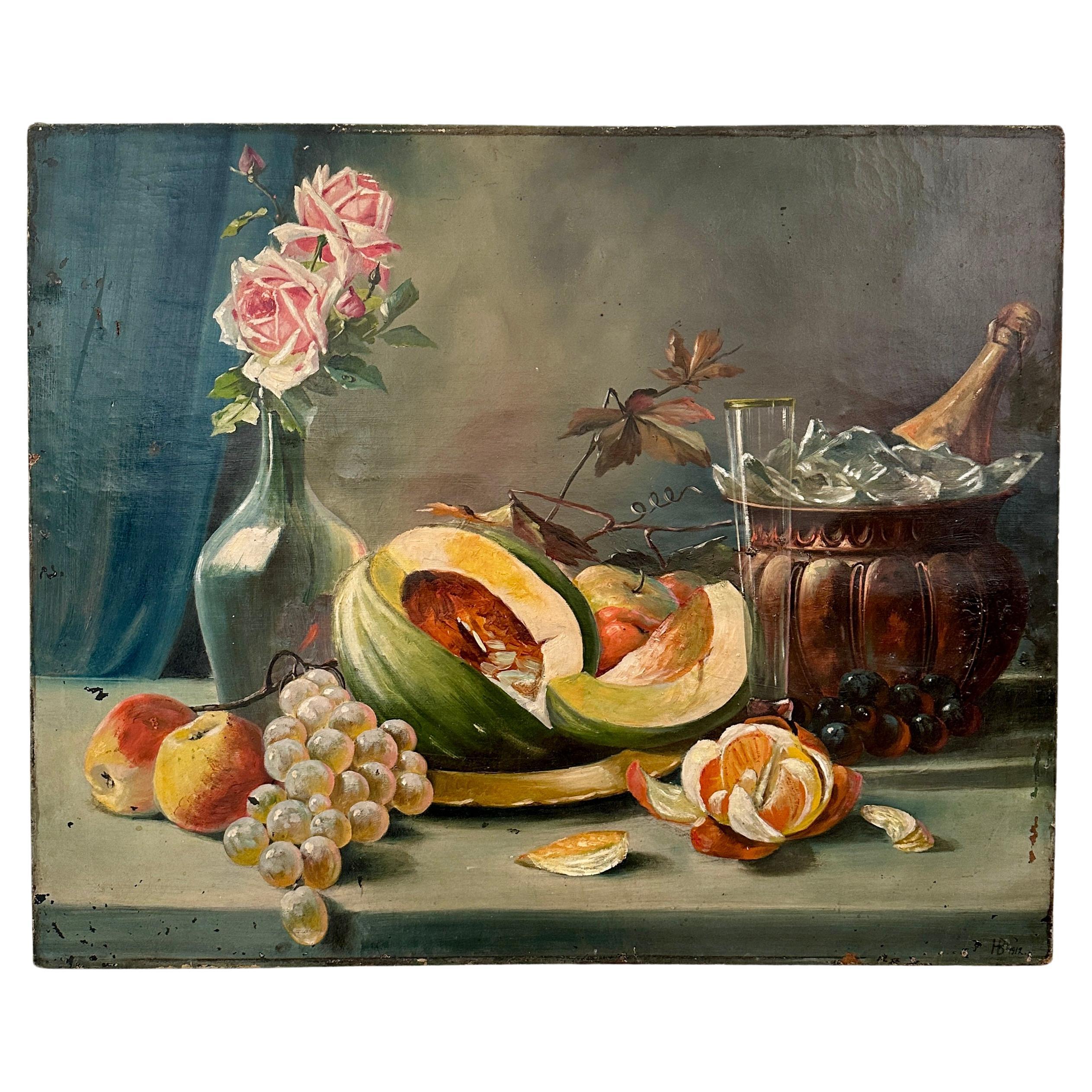 Early 19th Biedermeier Still-Life Oil Painting with Flowers and Fruits, 1820 For Sale