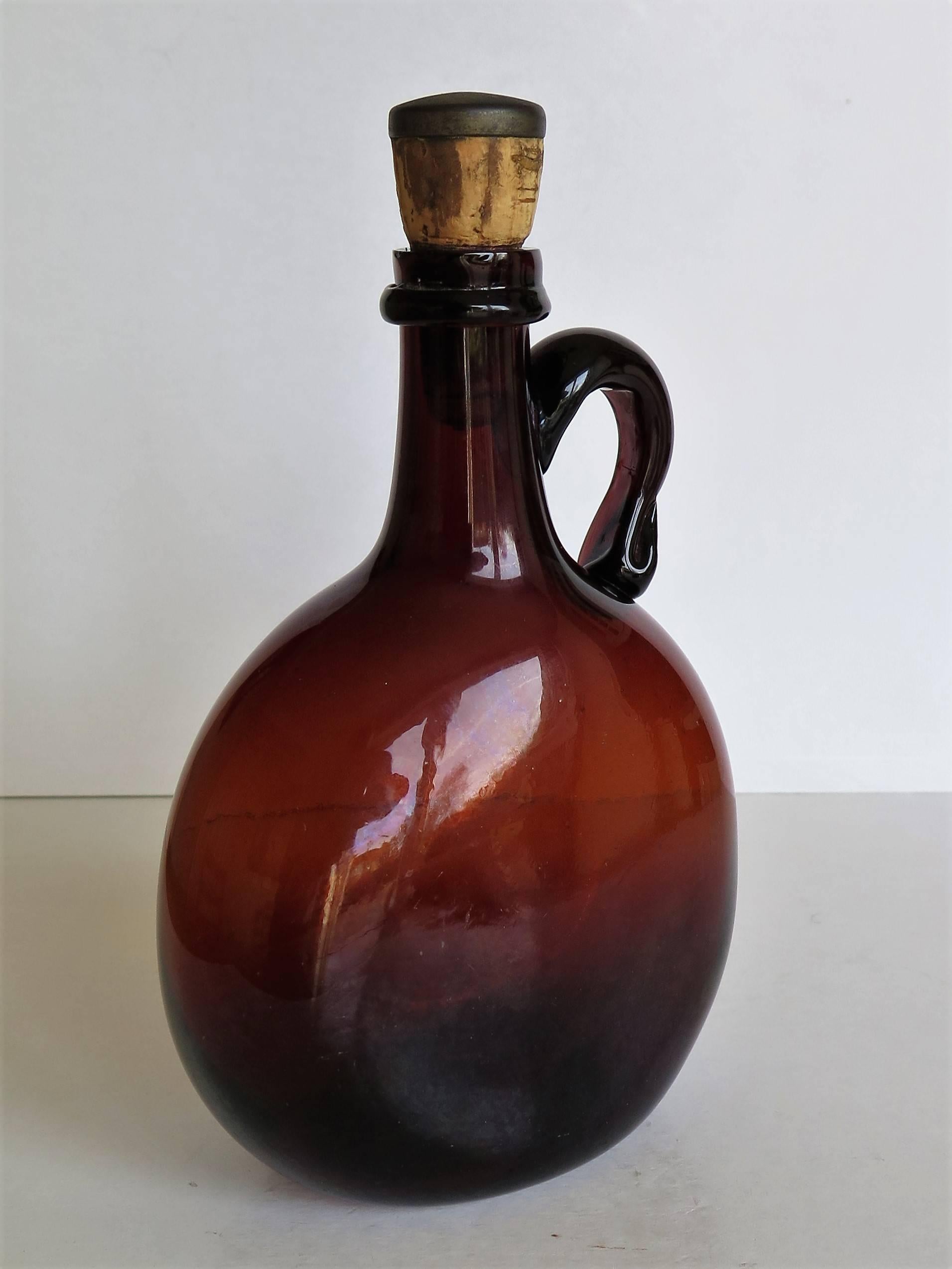 Rustic Amber Glass Flagon or Jug with Cork and Metal Stopper Handblown, Ca 1825