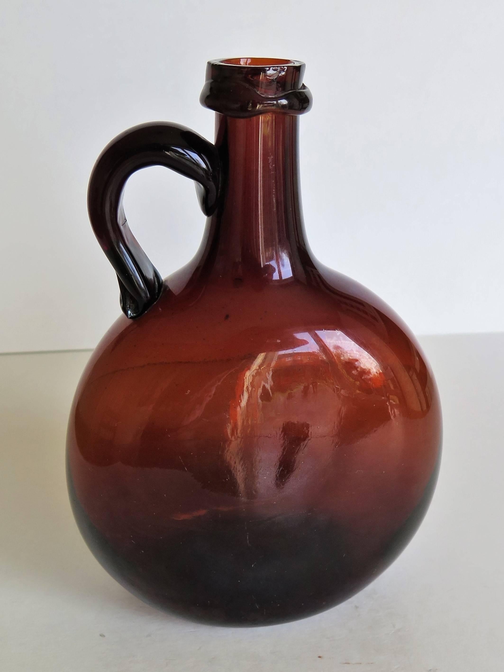 English Amber Glass Flagon or Jug with Cork and Metal Stopper Handblown, Ca 1825