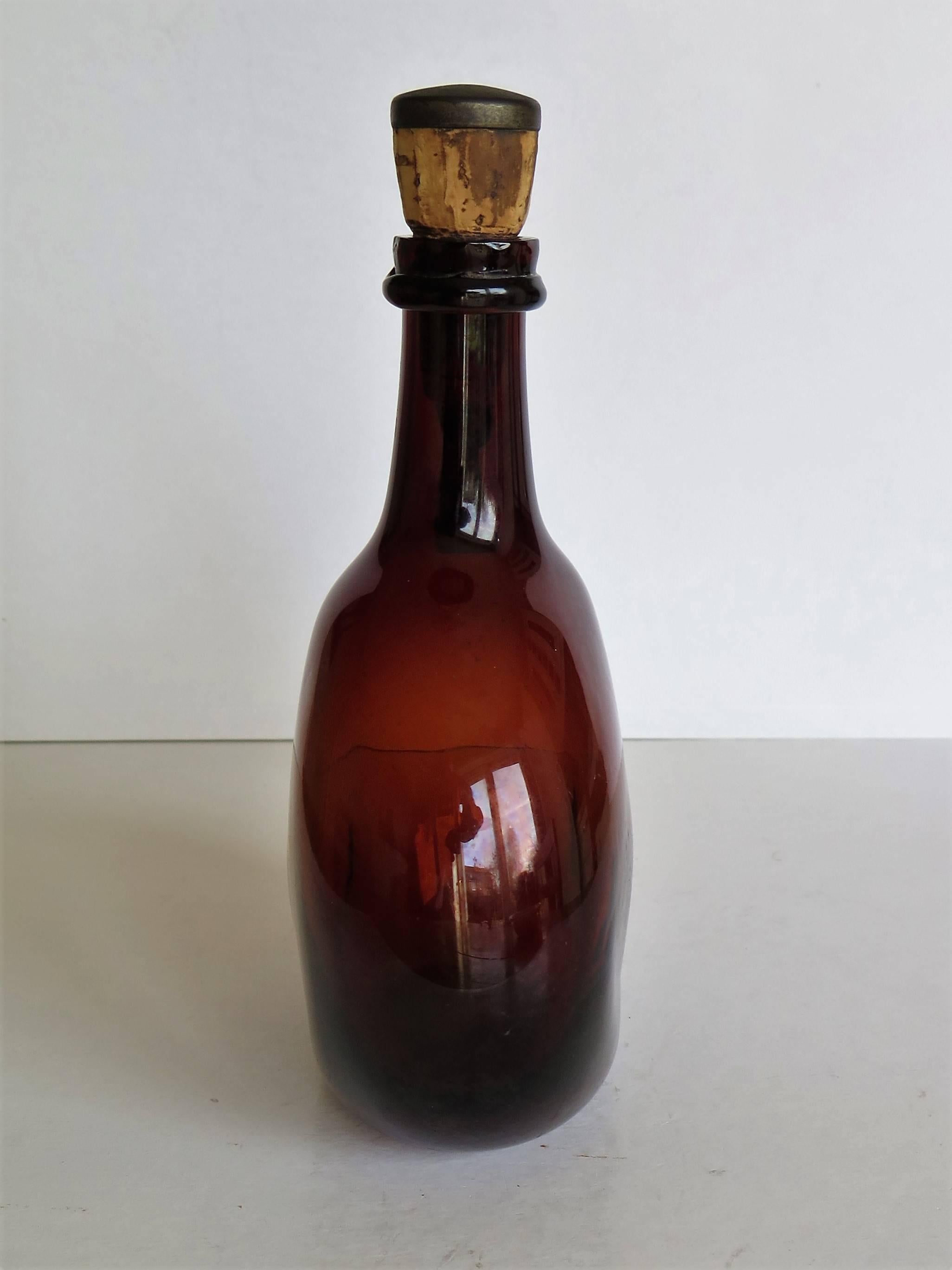 Hand-Crafted Amber Glass Flagon or Jug with Cork and Metal Stopper Handblown, Ca 1825