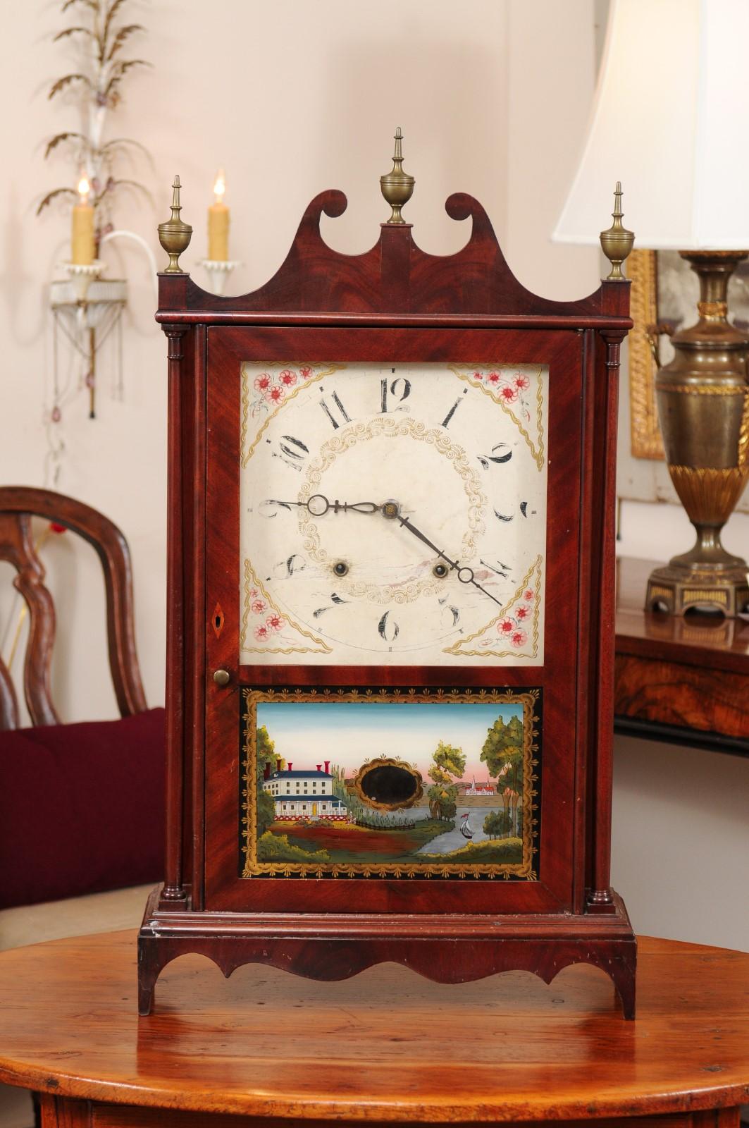 Early 19th Century American Pillar & Scroll Clock in Mahogany with Eglomise Painted Landscape Scene, Eli Terry
