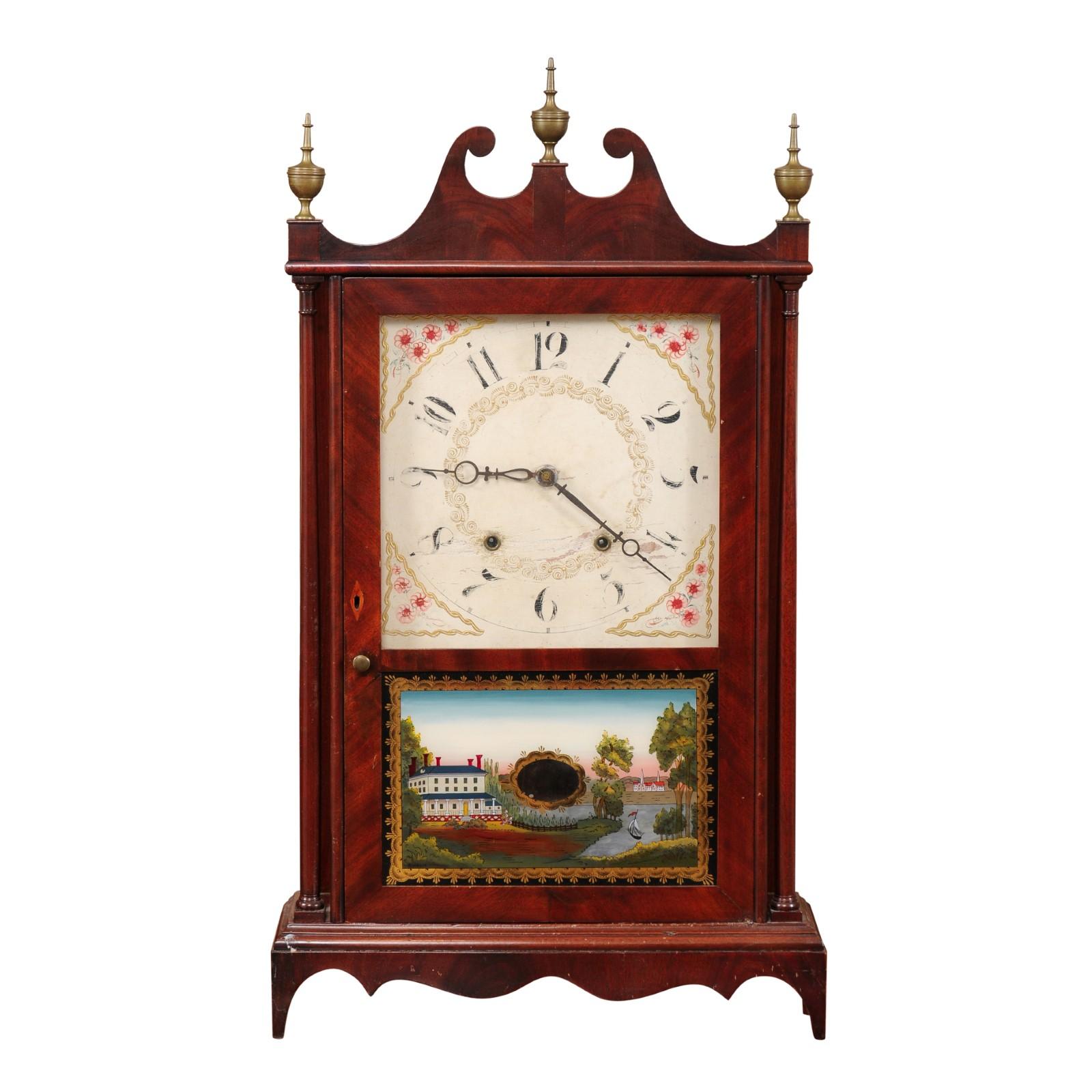Early 19th C. American Pillar & Scroll Clock in Mahogany with Eglomise Landscape For Sale