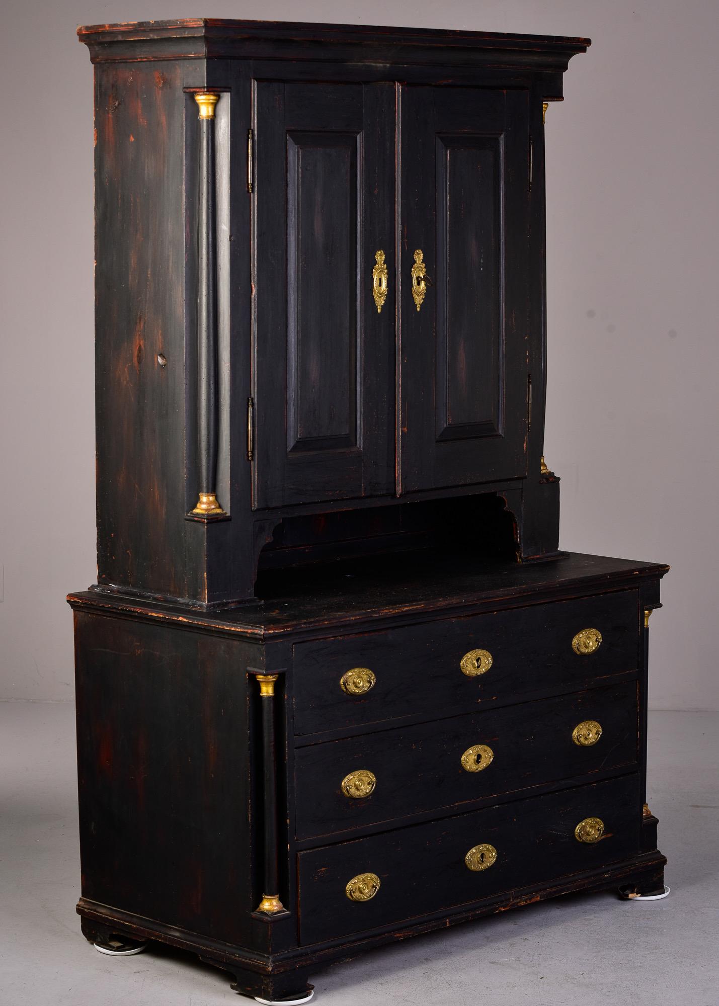 Early 19th C Austrian Black Painted Linen Cupboard with Brass Hardware For Sale 7
