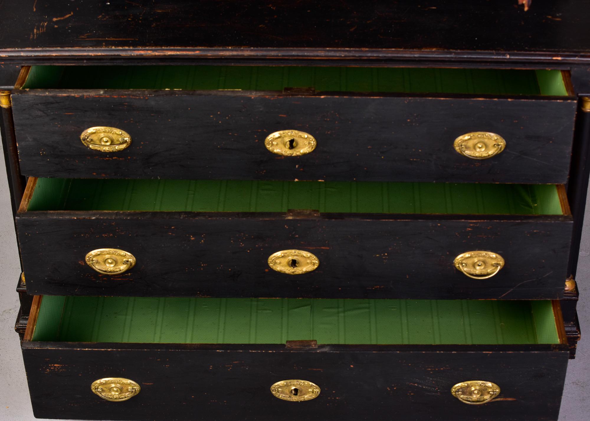 Hand-Painted Early 19th C Austrian Black Painted Linen Cupboard with Brass Hardware