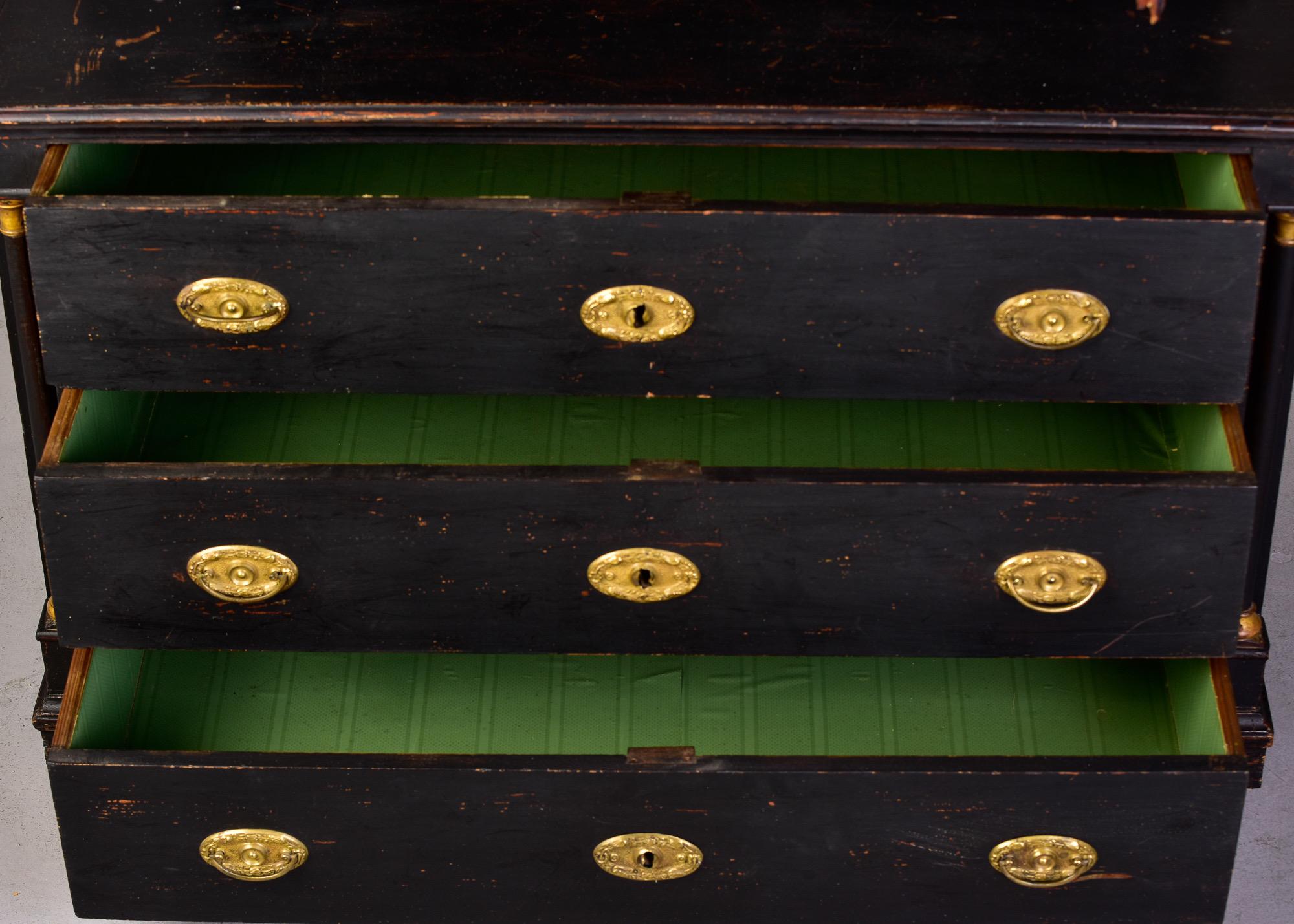 Early 19th C Austrian Black Painted Linen Cupboard with Brass Hardware In Good Condition For Sale In Troy, MI