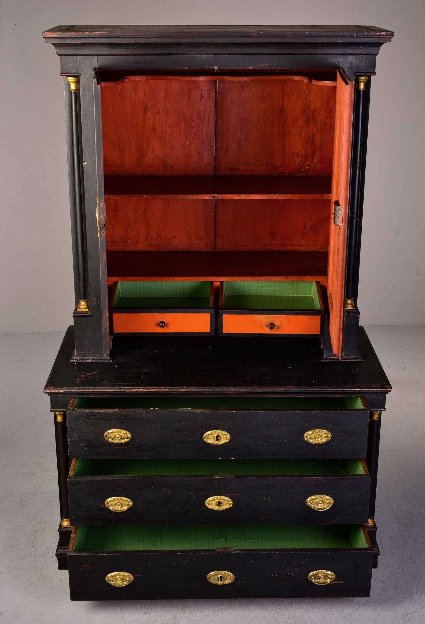 19th Century Early 19th C Austrian Black Painted Linen Cupboard with Brass Hardware For Sale