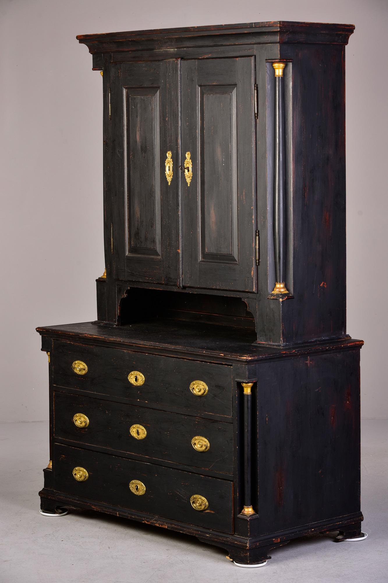 19th Century Early 19th C Austrian Black Painted Linen Cupboard with Brass Hardware