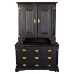 Early 19th C Austrian Black Painted Linen Cupboard with Brass Hardware