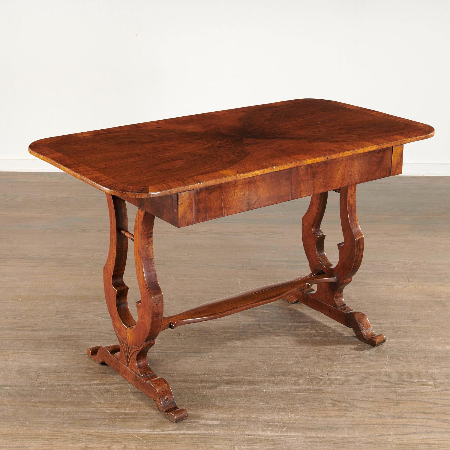 Wood Early 19th C. Biedermeier Sofa Table/Desk With Lyre-Form Trestle Base For Sale