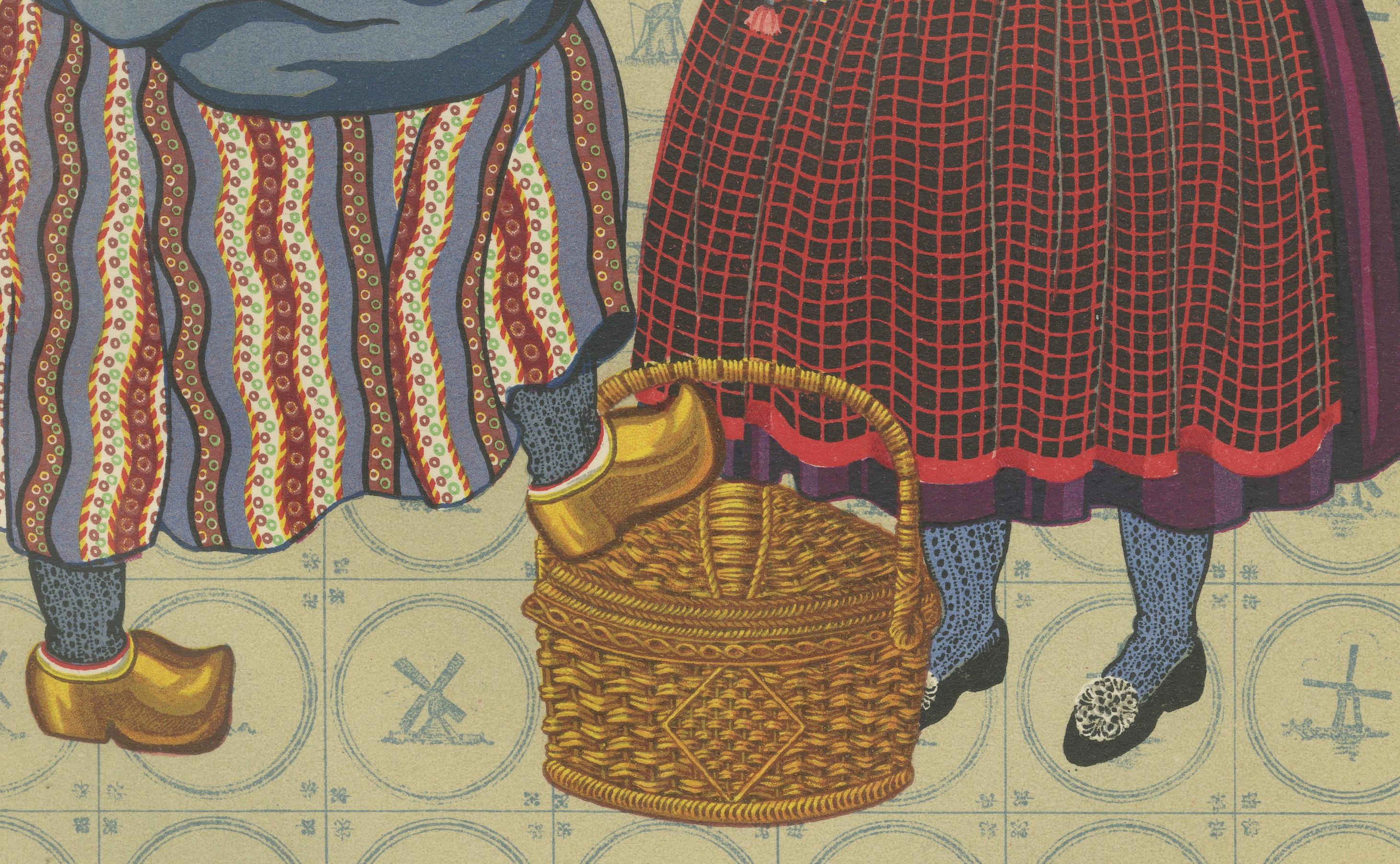 Inizio del XIX secolo. Lattaia del Brabante e donna di città in abito popolare - Meierij van Den Bosch

Questa vibrante e affascinante stampa in costume tratta da *The National Costumes of Holland* (1932) cattura un vivido contrasto tra la moda