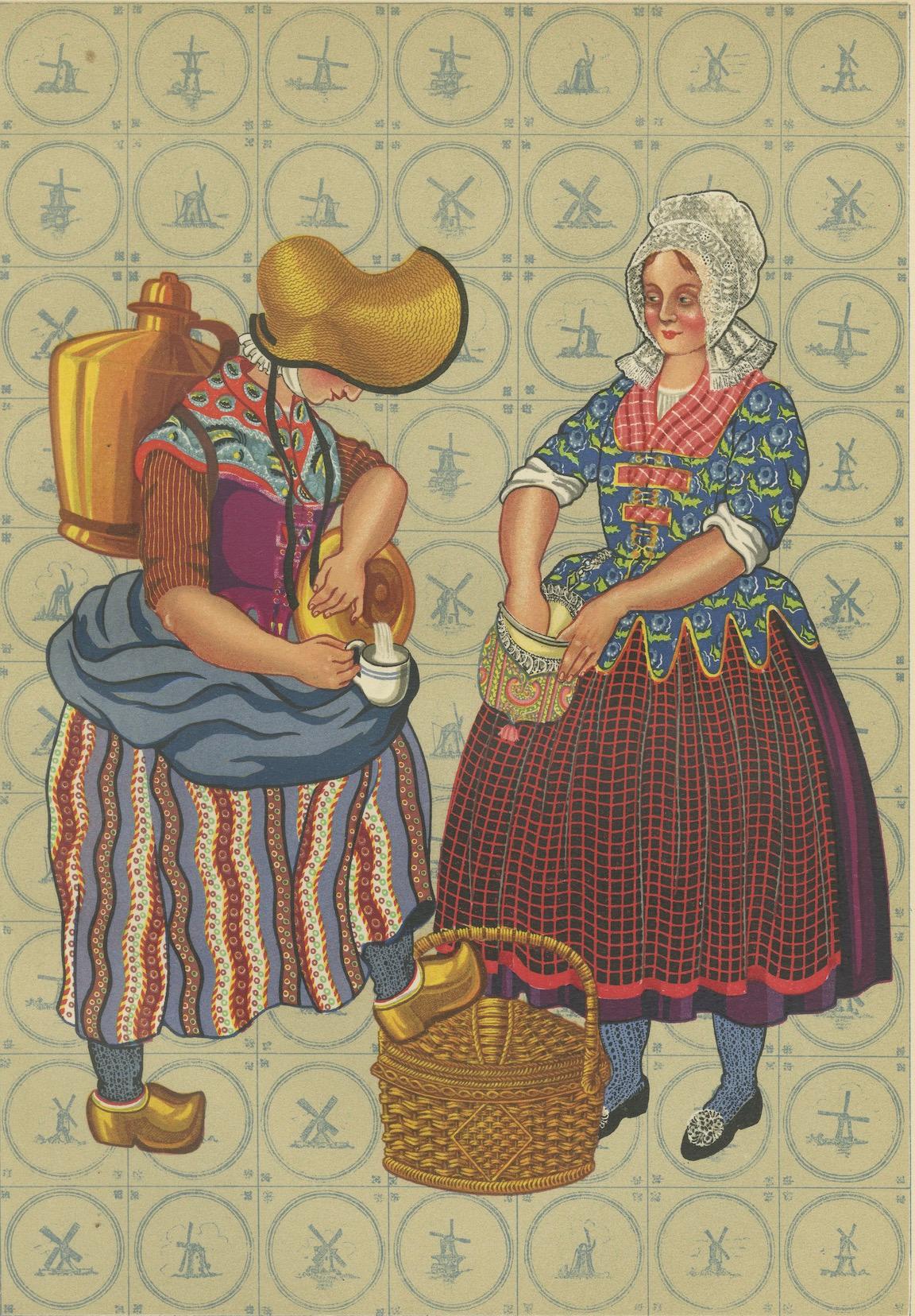 Carta Inizio del XIX secolo. Lattaia e donna di città del Brabante in abiti popolari, pubblicato nel 1932 in vendita
