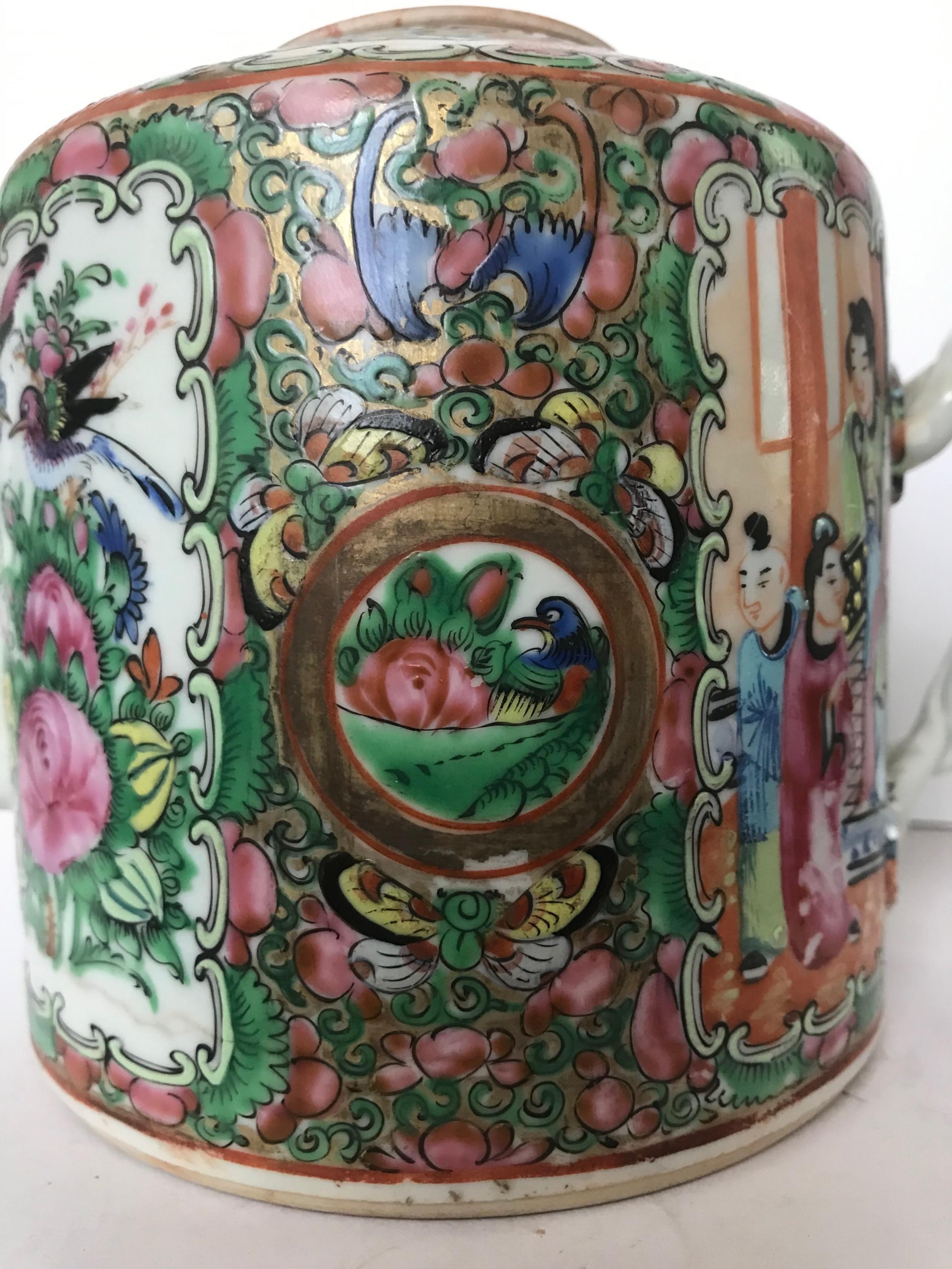 Early 19th Century Chinese Export Rose Medallion Branch Handle Porcelain Teapot 2