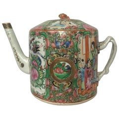 Early 19th Century Chinese Export Rose Medallion Branch Handle Porcelain Teapot