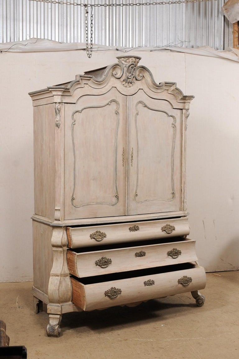 Early 19th C. Dutch Bombé Cabinet w/ Ornately Carved Pediment Top & Shapely Body 1