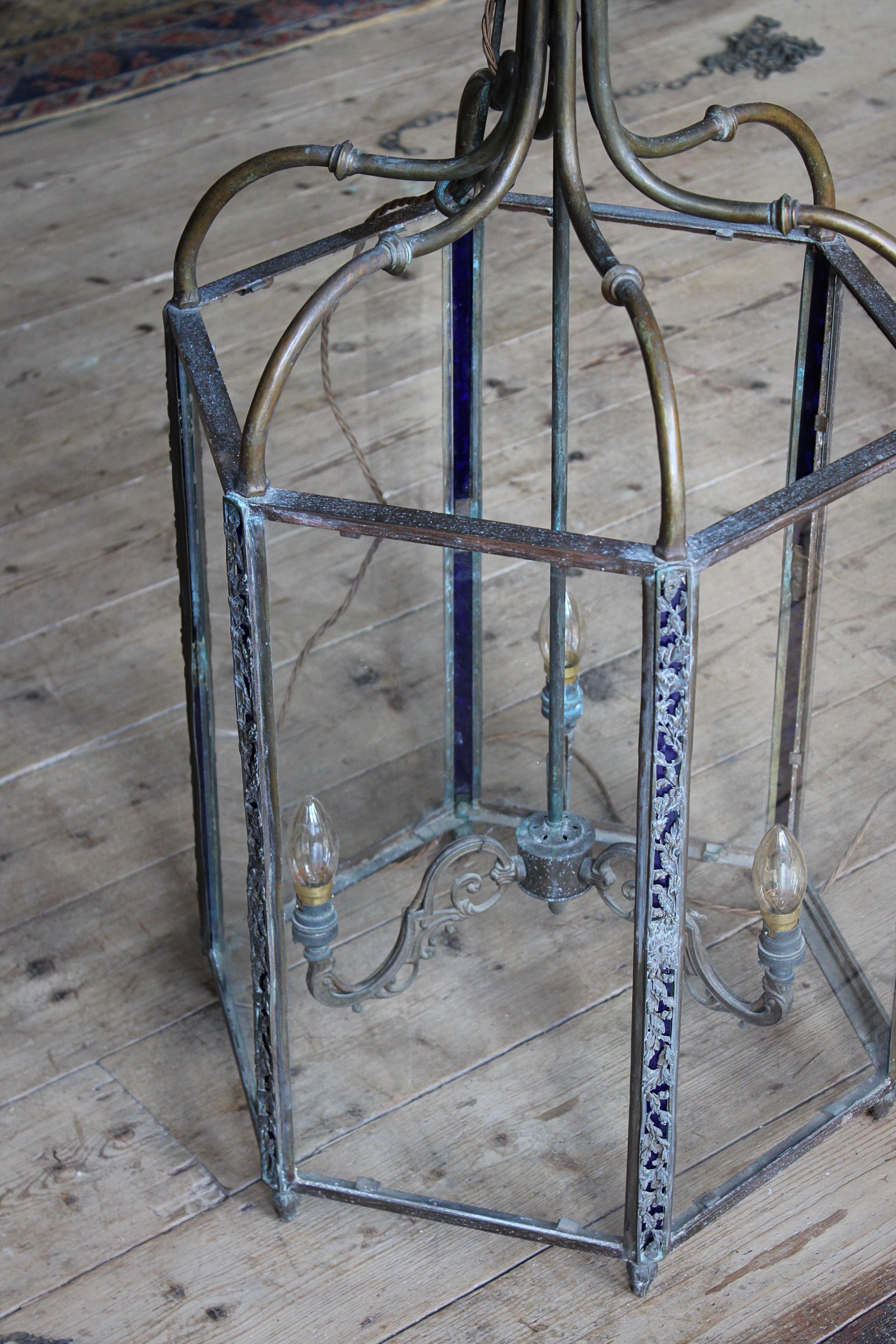 Early 19th C English Country House Huge Bronze & Stained Glass Hall Lantern  For Sale 13