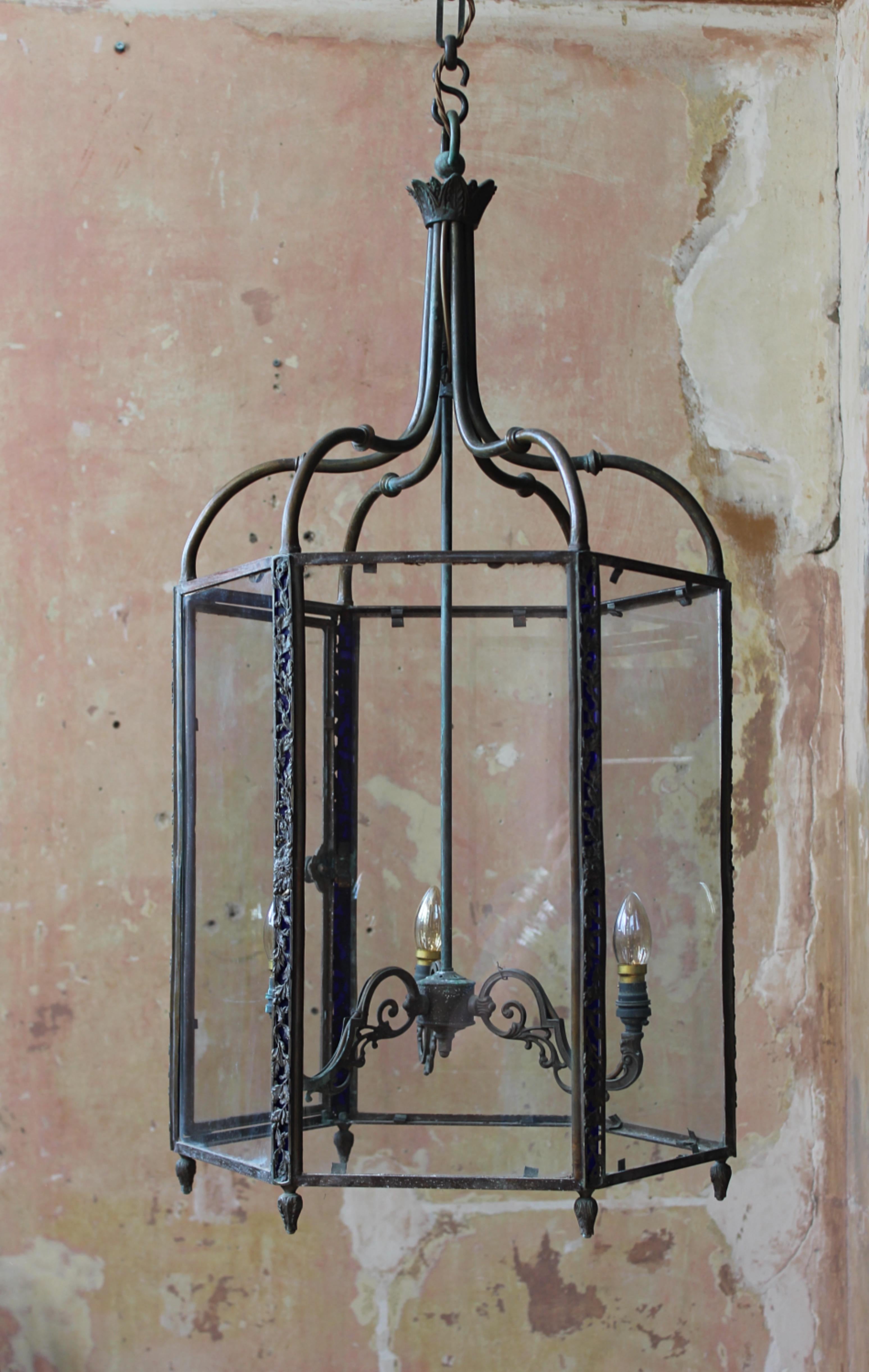 Early 19th C English Country House Huge Bronze & Stained Glass Hall Lantern  1