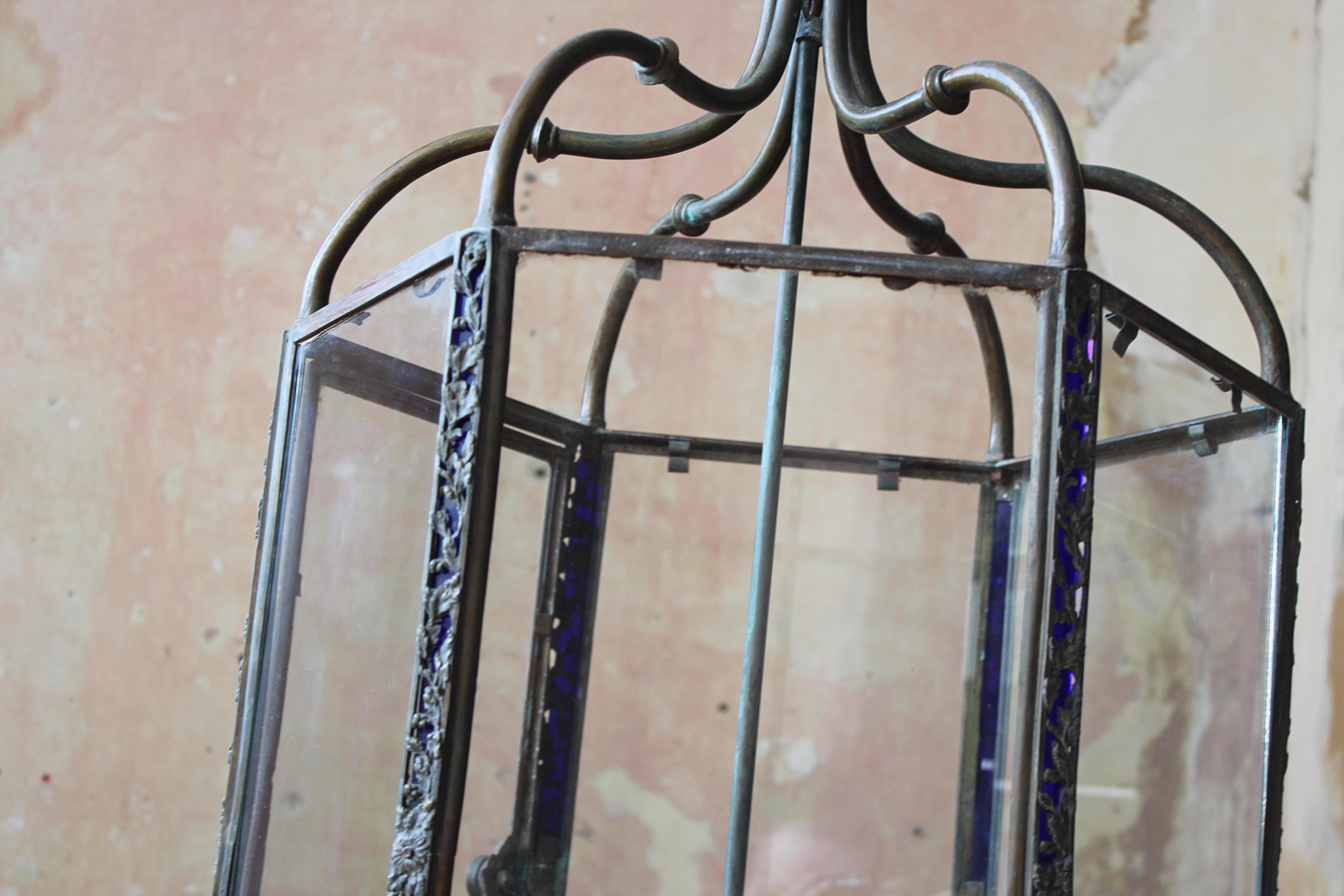 Early 19th C English Country House Huge Bronze & Stained Glass Hall Lantern  2