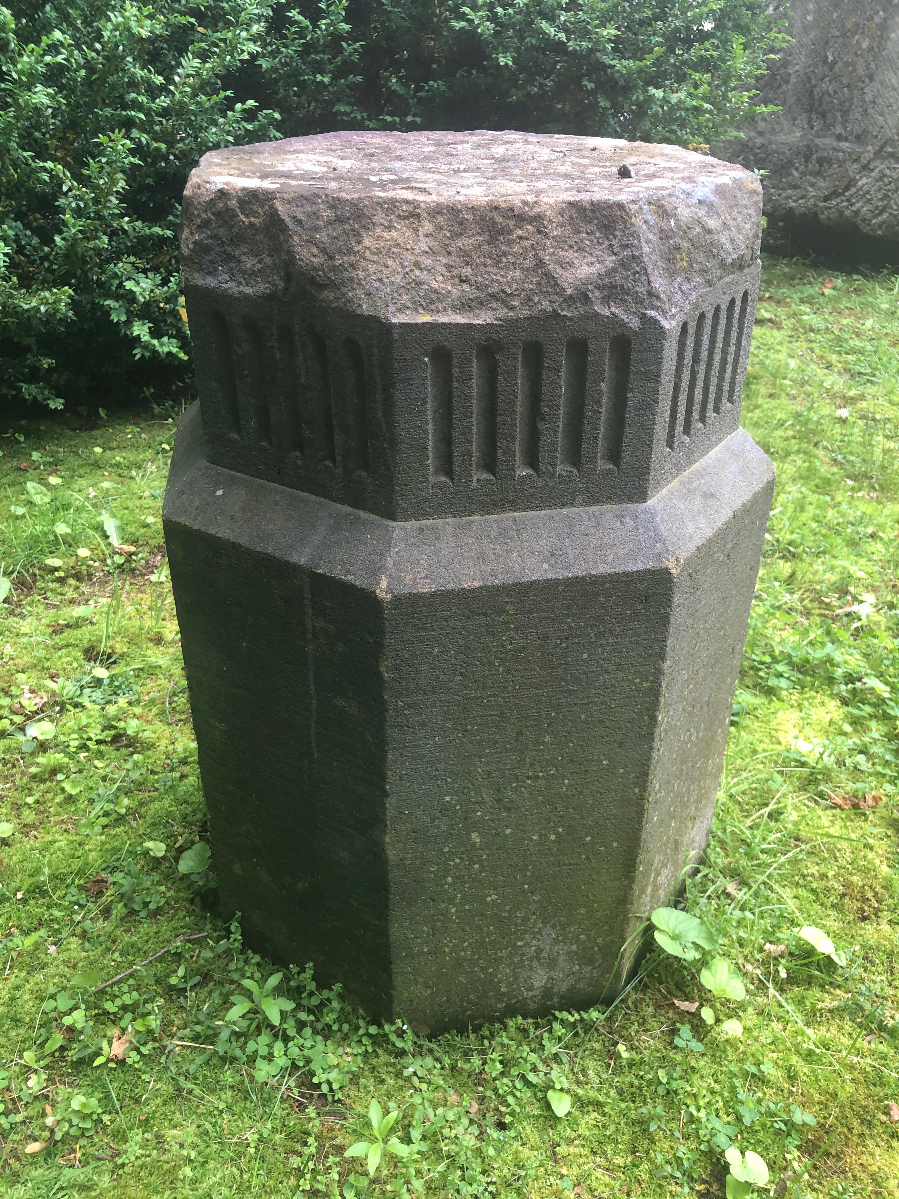 This early hand-carved Yorkstone pedestal, octagonal in shape, and sporting a well-weathered and lichened surface, would do any piece of statuary proud in your garden. Alternatively, it can be used as a small garden seat or table. There are obvious