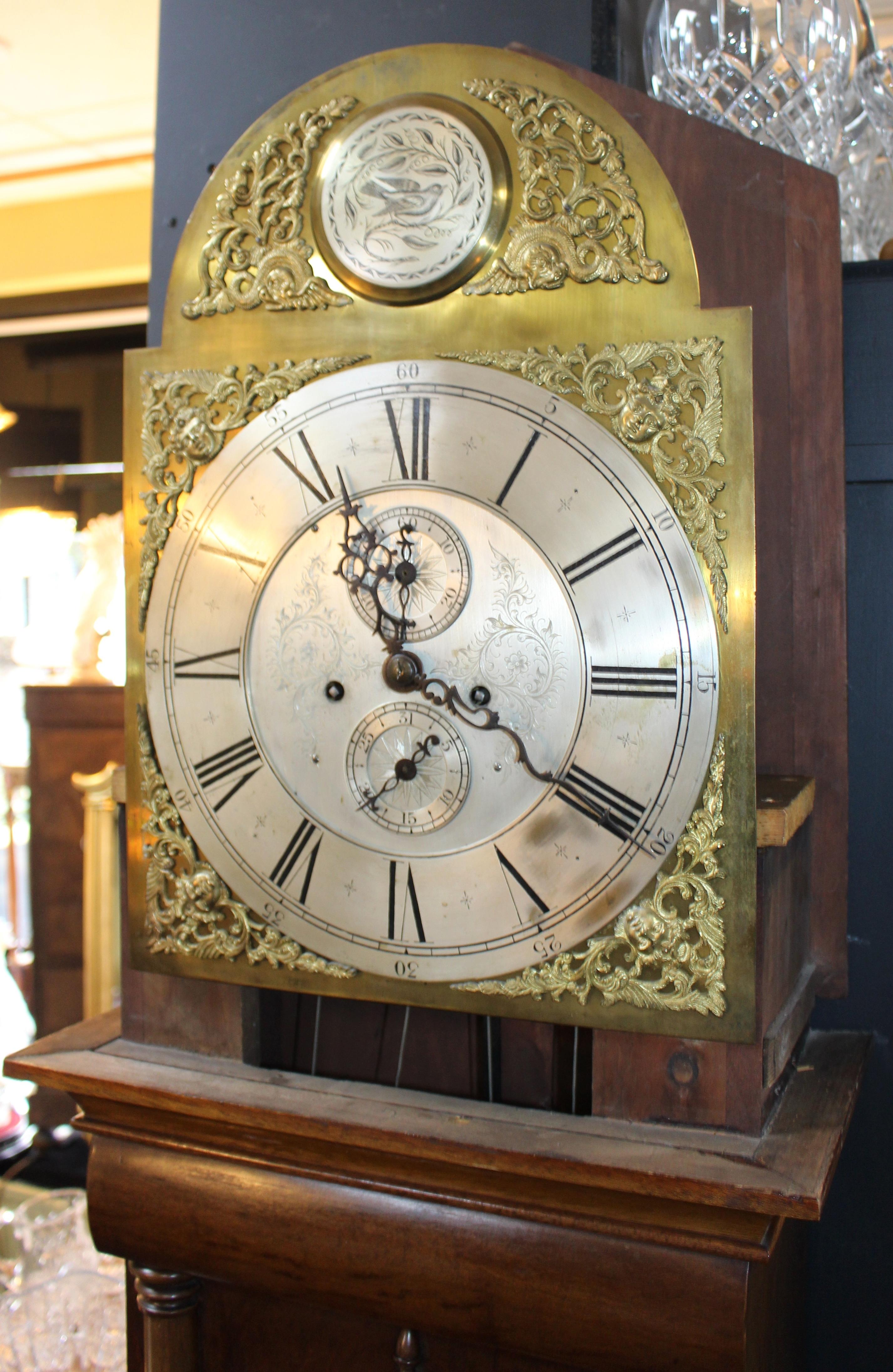 Early 19th C. English Mahogany Brass Arched Dial Longcase Clock For Sale 4