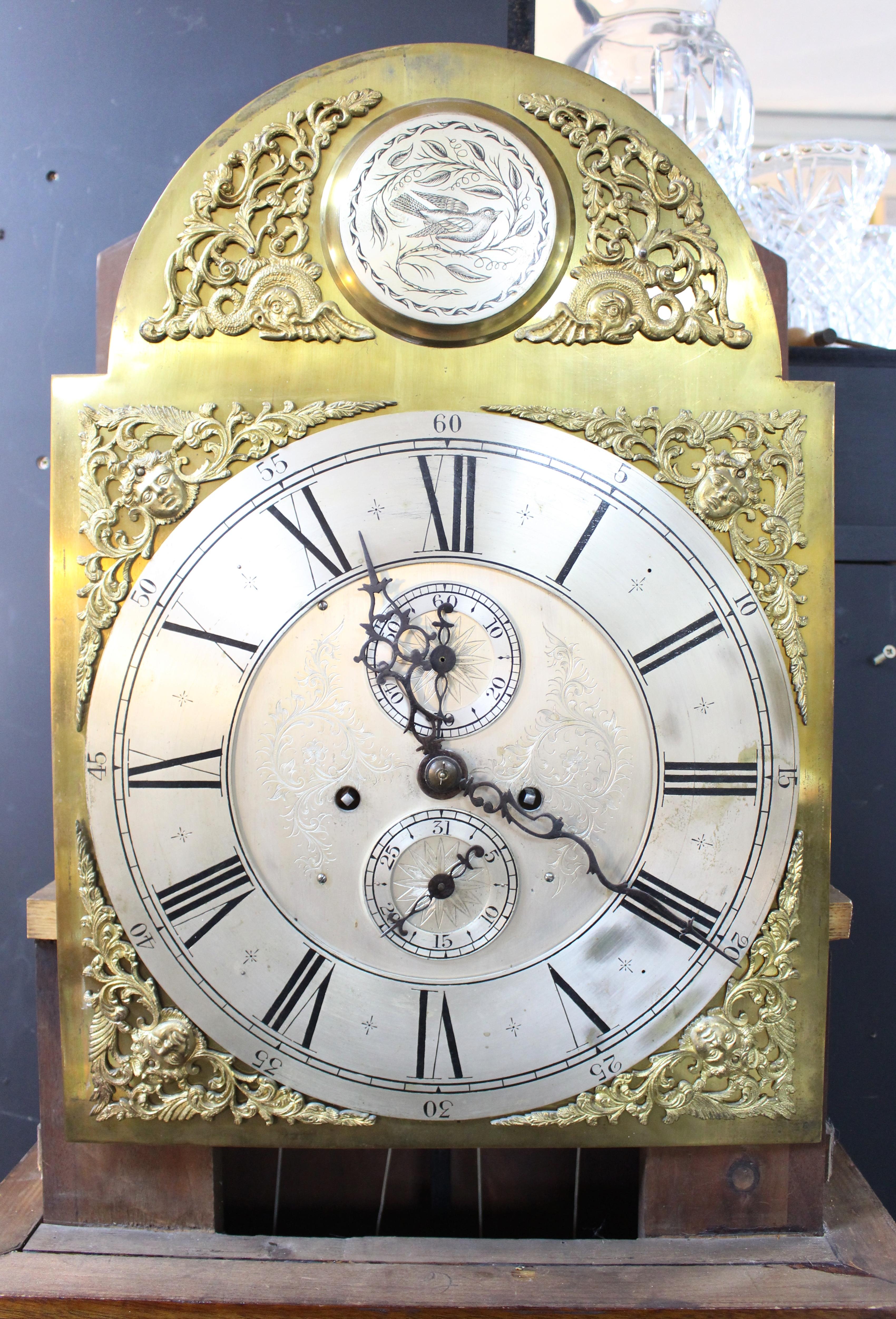 Early 19th C. English Mahogany Brass Arched Dial Longcase Clock For Sale 5