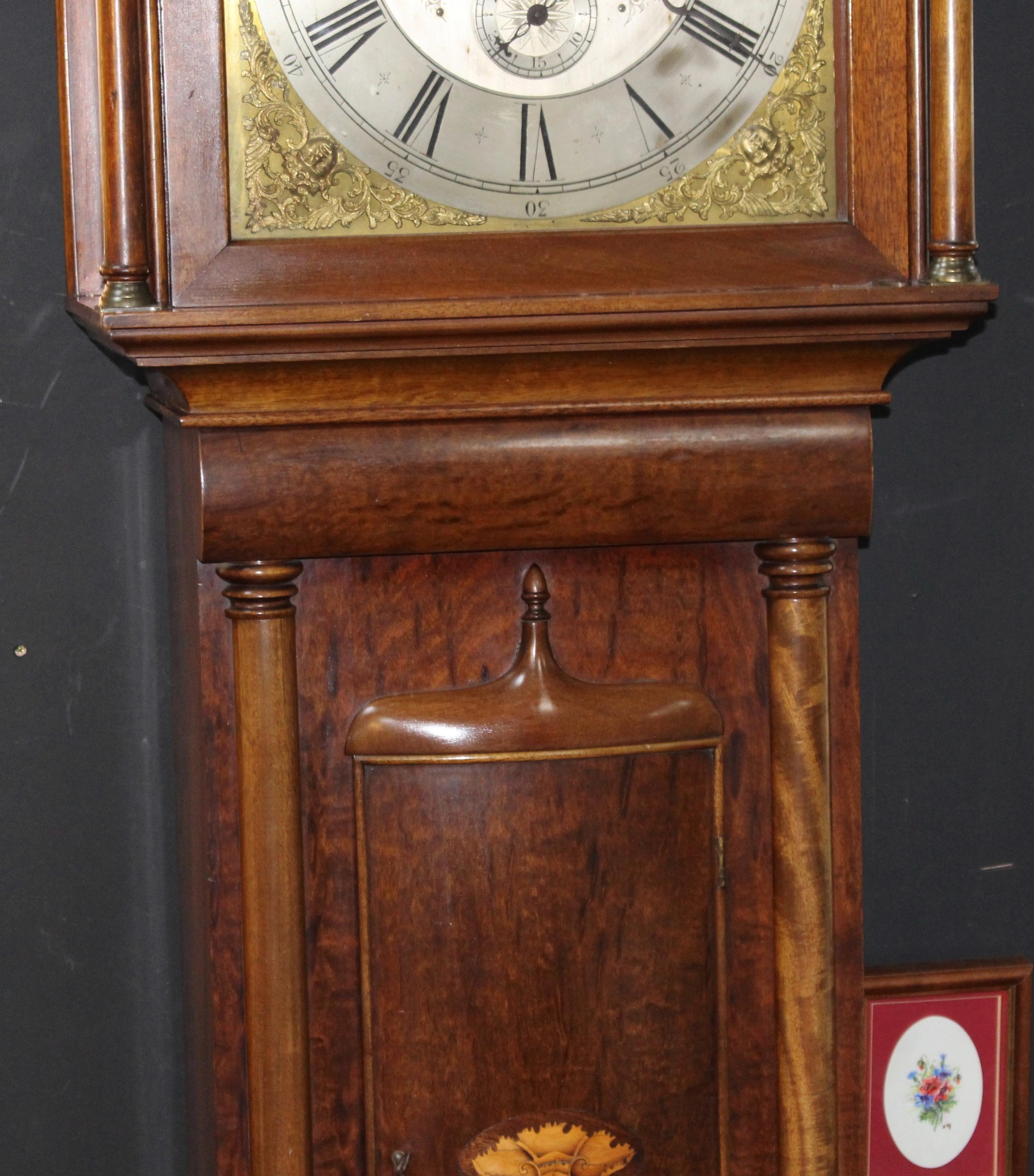 Early 19th C. English Mahogany Brass Arched Dial Longcase Clock For Sale 8