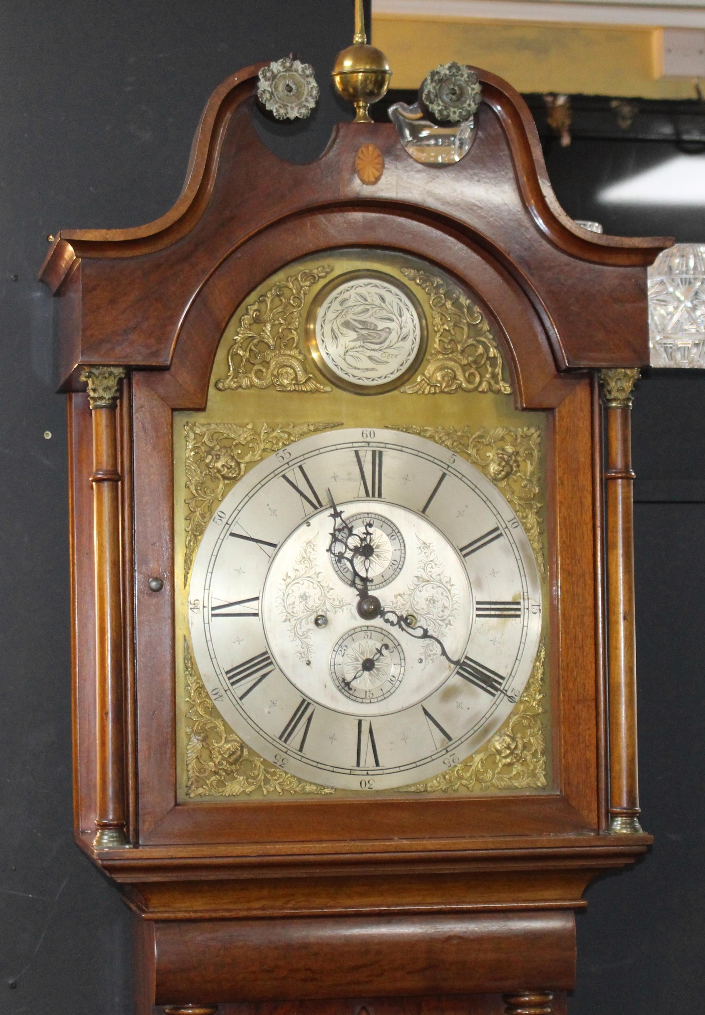 British Early 19th C. English Mahogany Brass Arched Dial Longcase Clock For Sale