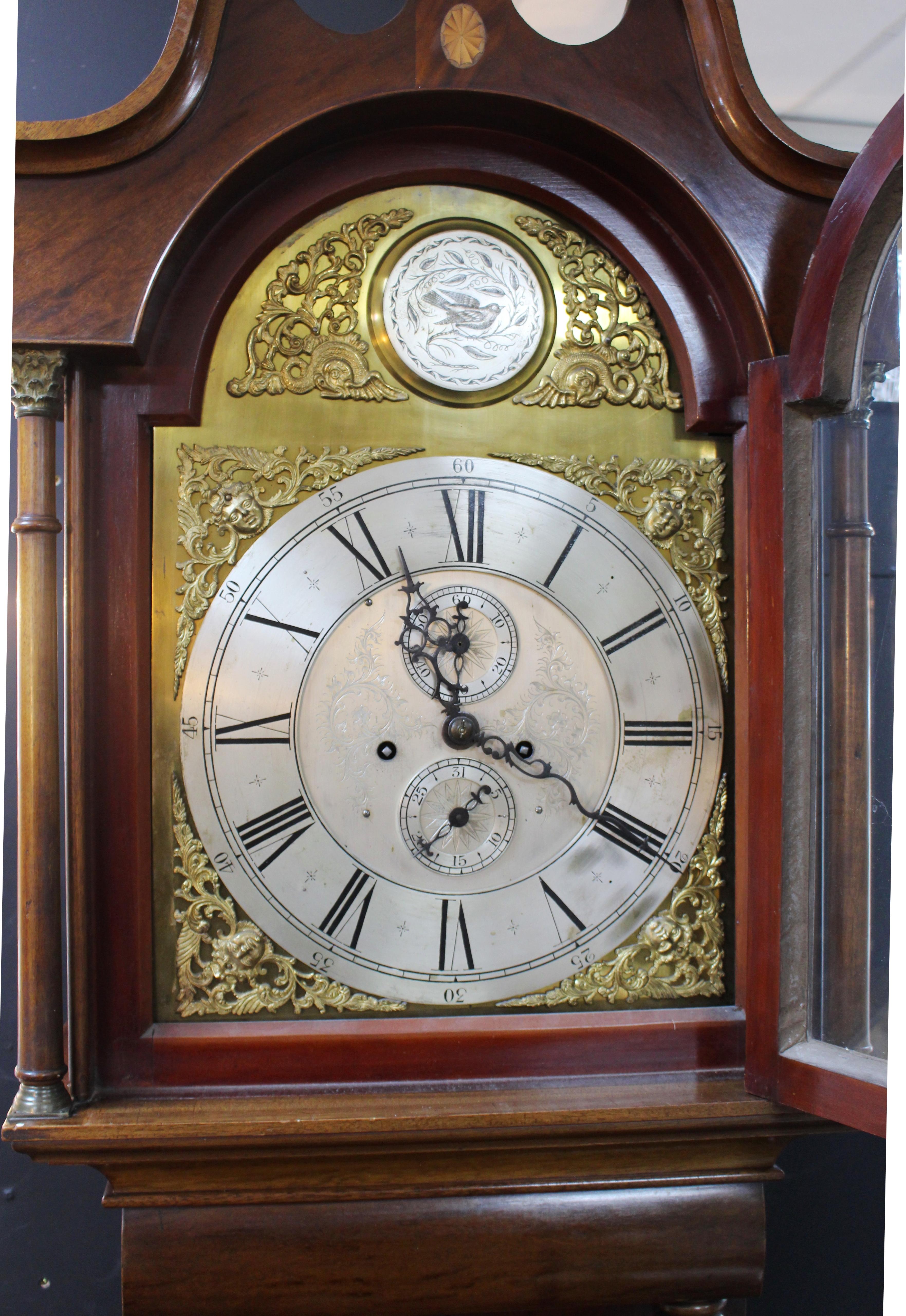 19th Century Early 19th C. English Mahogany Brass Arched Dial Longcase Clock For Sale