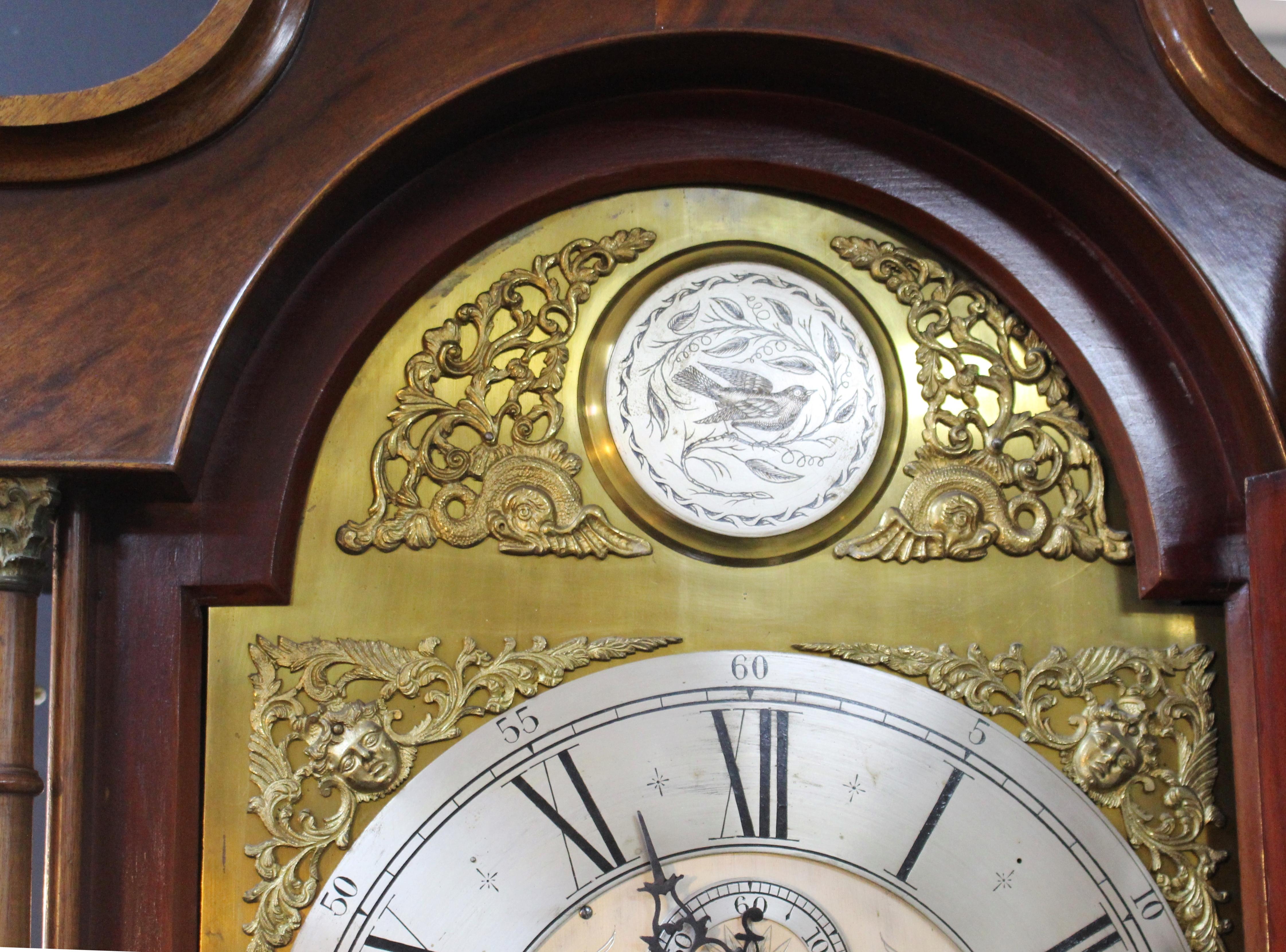 Early 19th C. English Mahogany Brass Arched Dial Longcase Clock For Sale 1