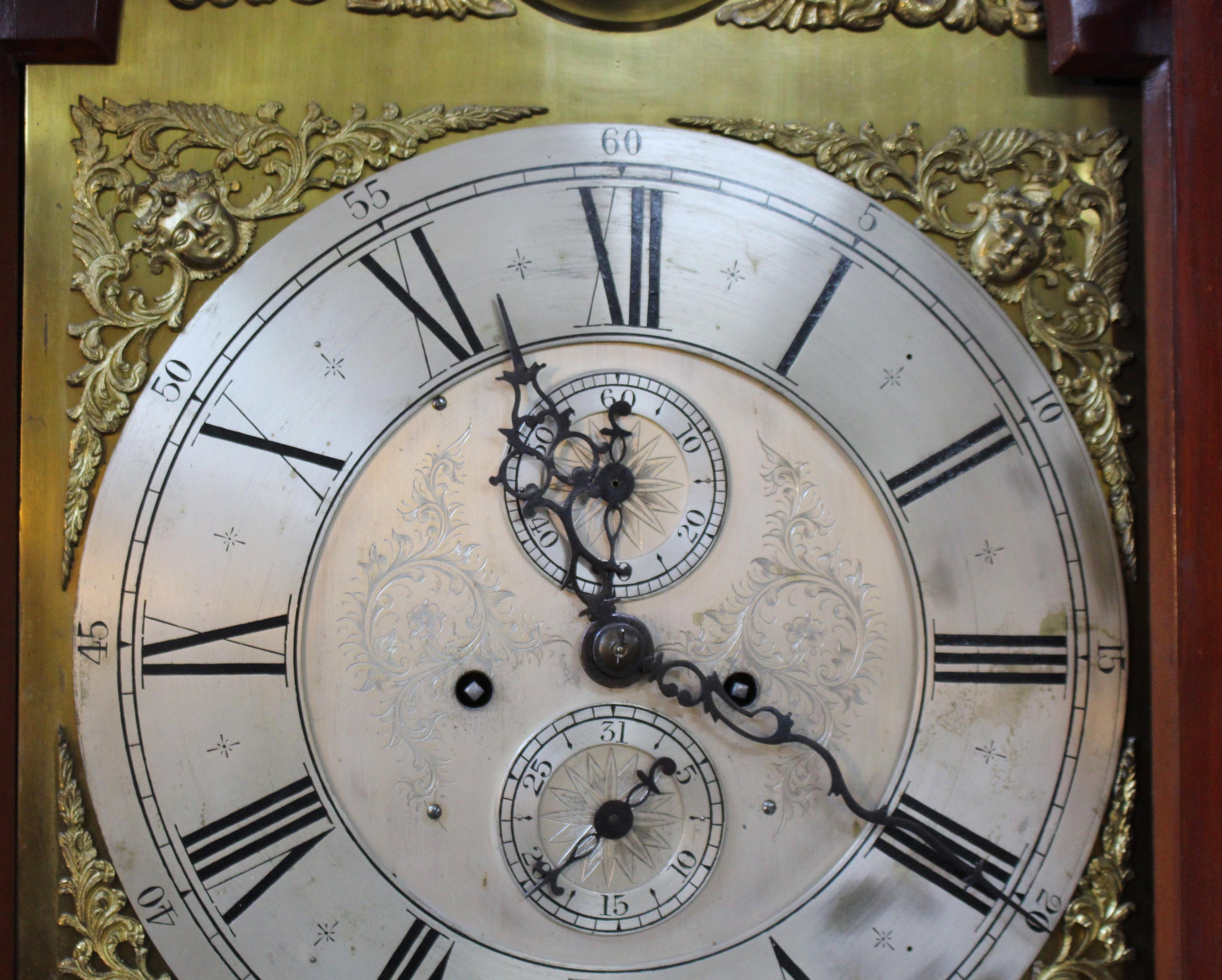 Early 19th C. English Mahogany Brass Arched Dial Longcase Clock For Sale 2