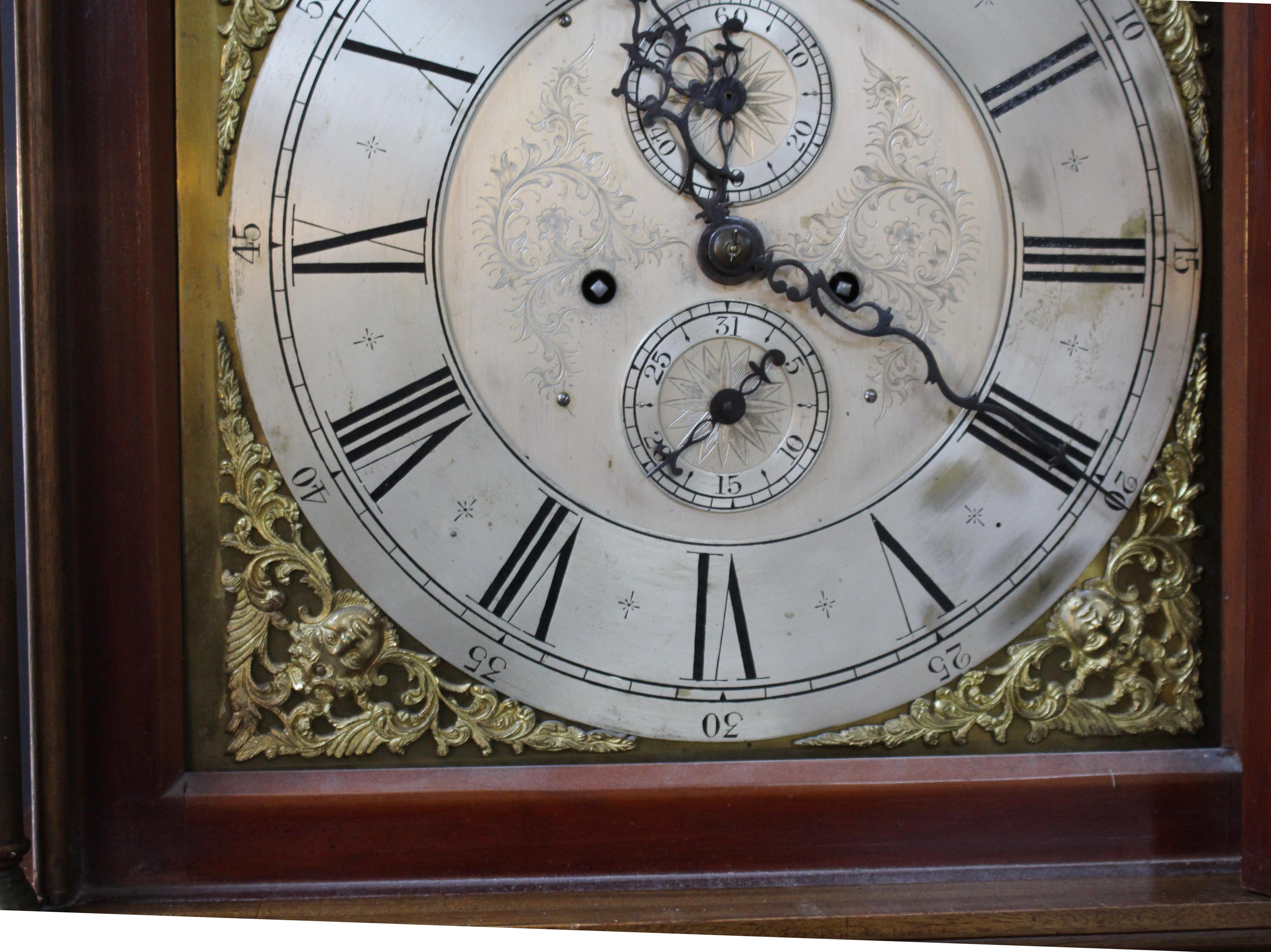 Early 19th C. English Mahogany Brass Arched Dial Longcase Clock For Sale 3
