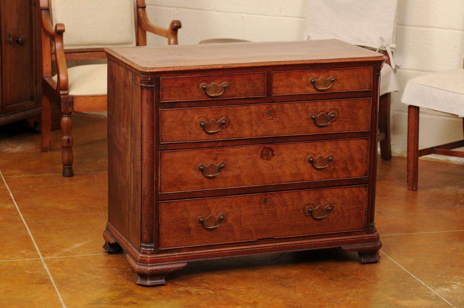 Early 19th Century English Mahogany Chest with Rounded Columnar Corners & 5 Drawers