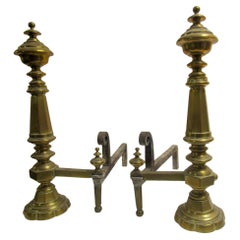 Early 19th c English Regency Brass Over-Sized Andiron Firedog Pair