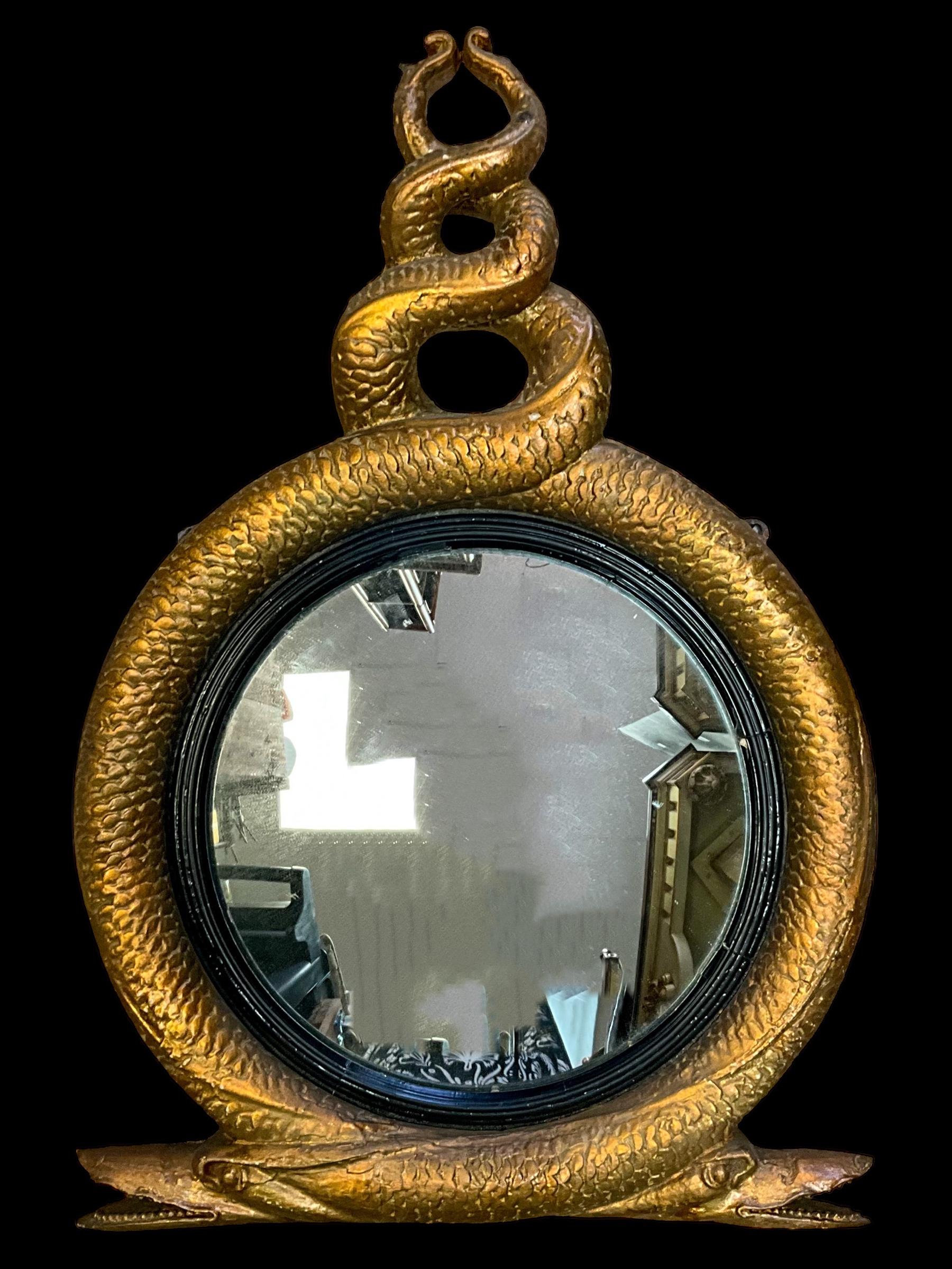Early 19th -C. English Regency Carved Giltwood & Gesso Convex Mirror With Eels 1