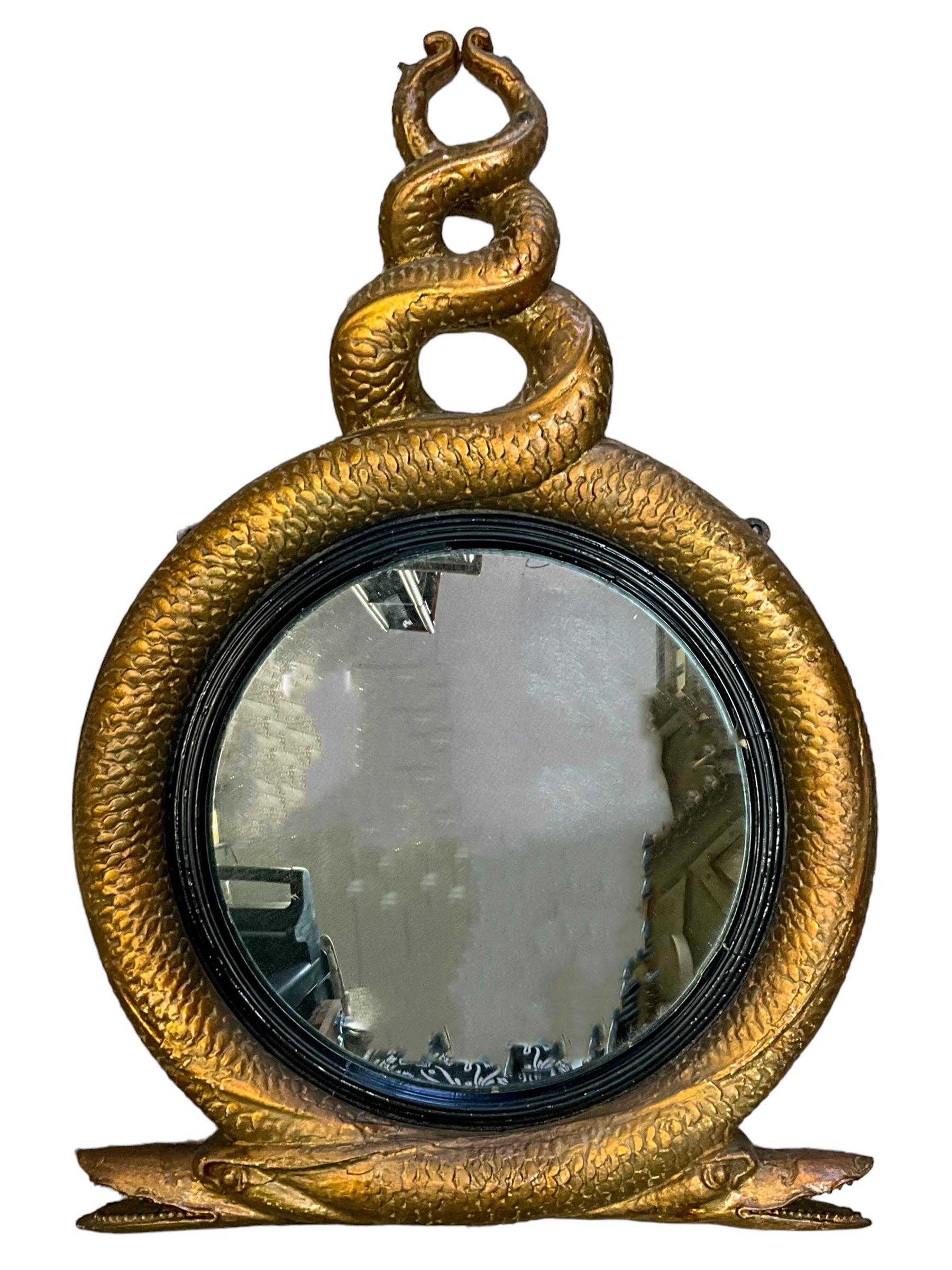 Early 19th -C. English Regency Carved Giltwood & Gesso Convex Mirror With Eels 2