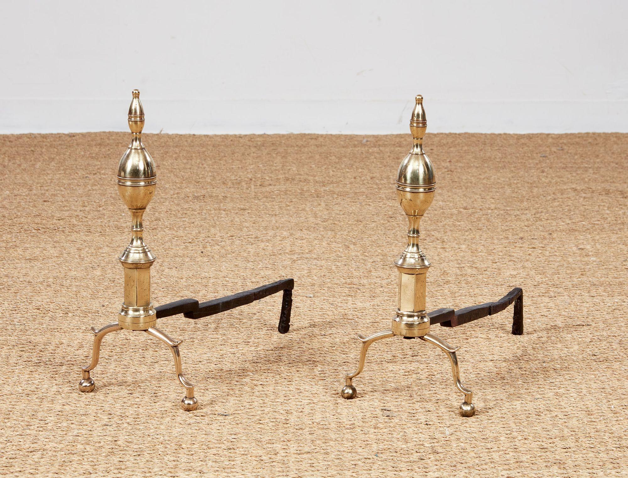 Early 19th c. Federal Lemon Top Andirons In Good Condition For Sale In Greenwich, CT