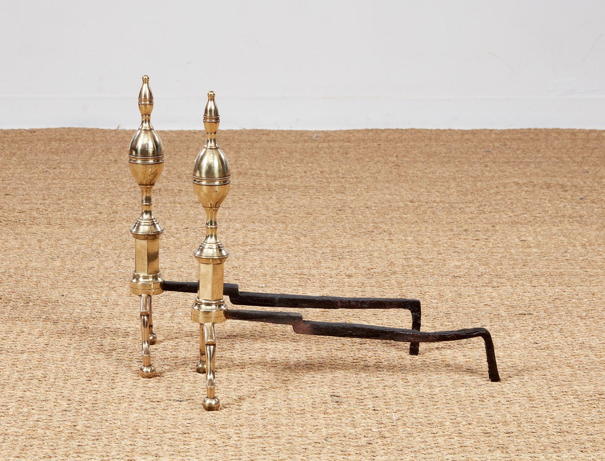 Brass Early 19th c. Federal Lemon Top Andirons For Sale