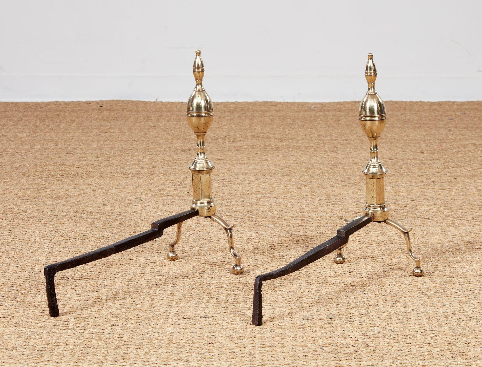 Early 19th c. Federal Lemon Top Andirons For Sale 2