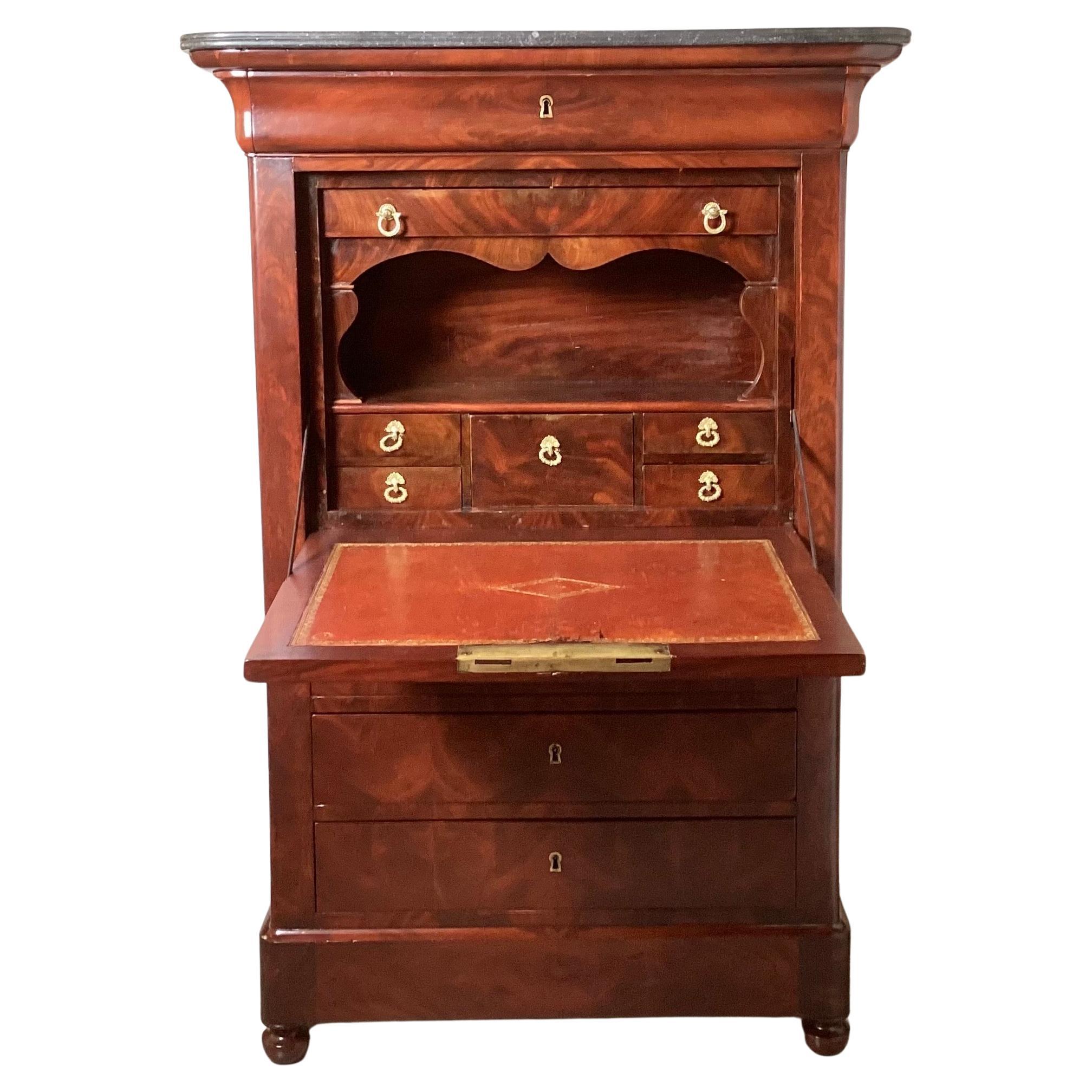 Early 19th c. French Empire Flame Mahogany Drop Front Secretary Desk