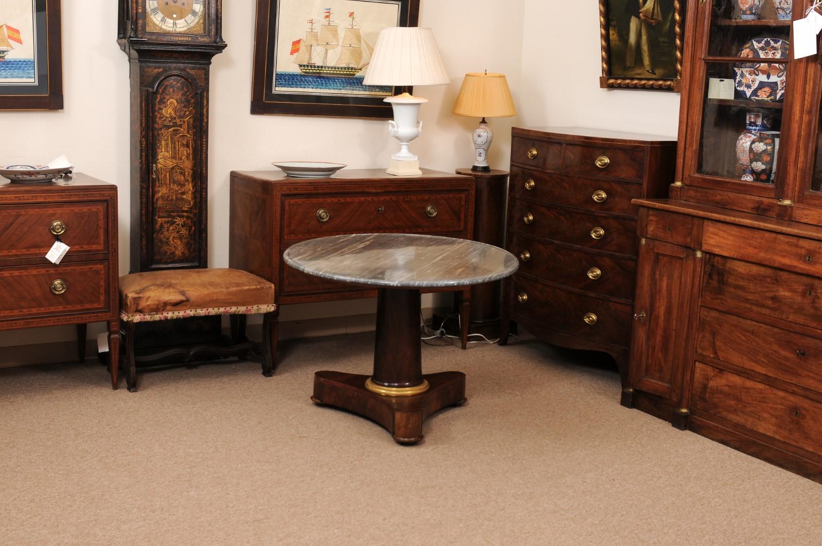  Early 19th C French Empire Walnut Center Table, Grey Marble Top & Ormolu Detail For Sale 6